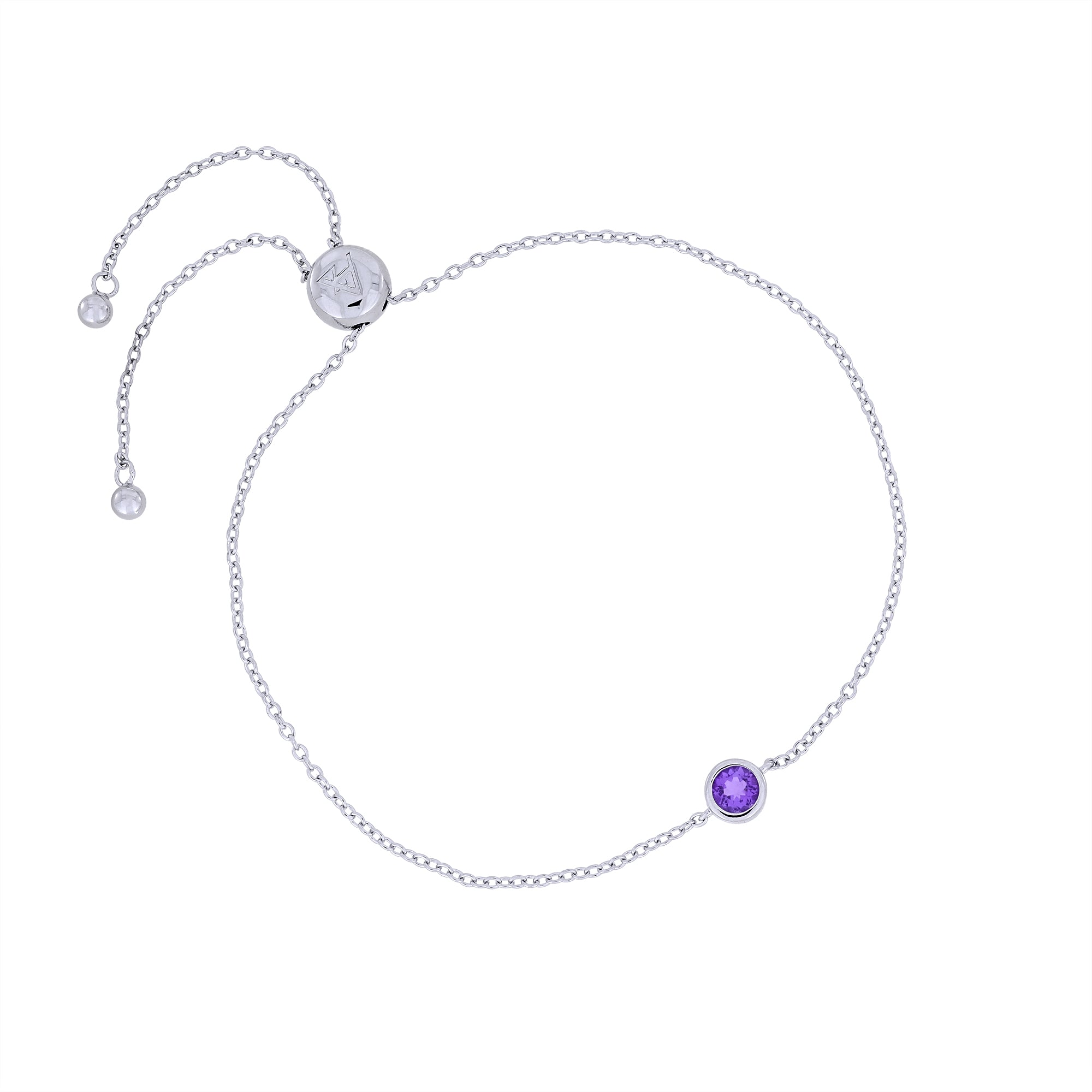 Delicate sterling silver adjustable bracelet featuring a round amethyst stone, exemplifying refined British craftsmanship in a minimalist, sculptural design.