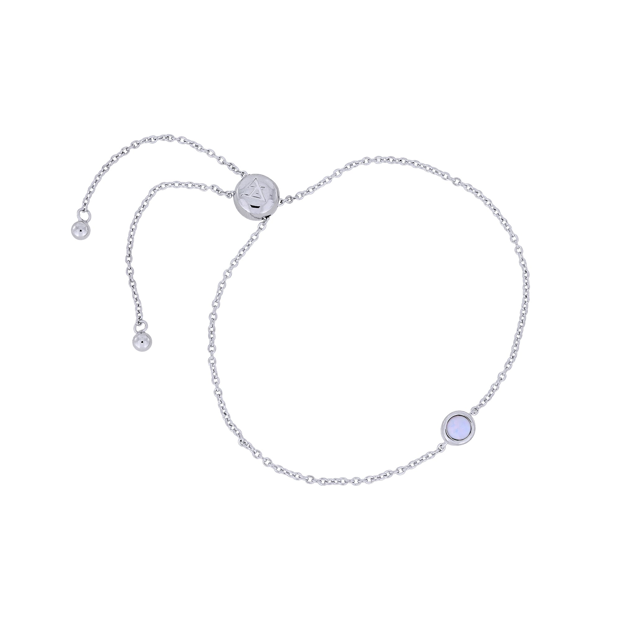 Delicate sterling silver bracelet featuring a luminous opal birthstone set in a bezel, with an adjustable sliding clasp for a customizable fit.