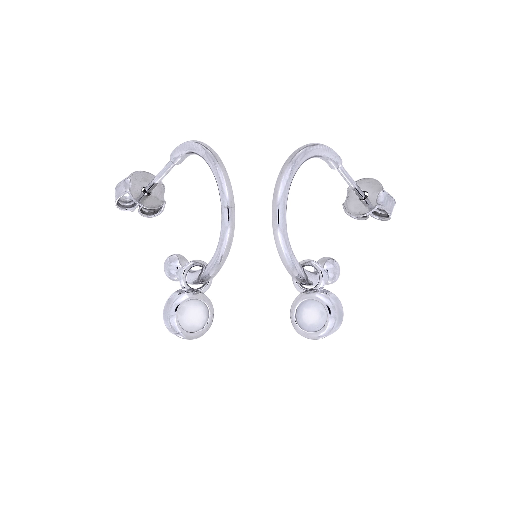 Sterling silver hoop earrings featuring delicate aqua chalcedony stones suspended from the hoops, showcasing a modern and sculptural design by Azendi.