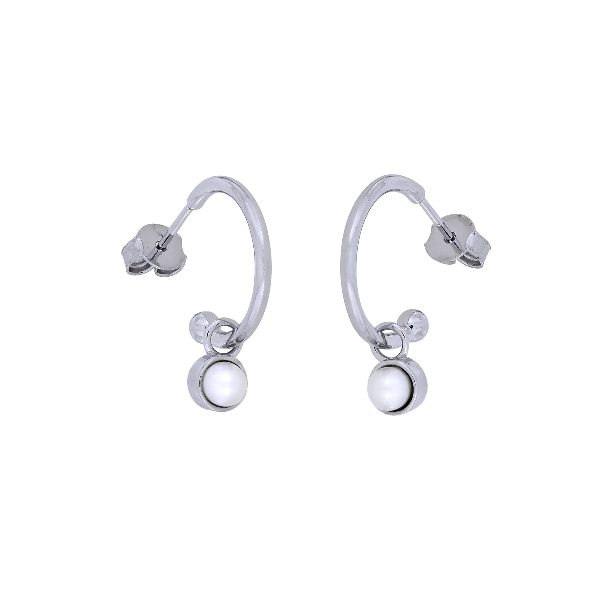 Pair of sterling silver hoops featuring a freshwater pearl accent, combining a minimalist silhouette with elegant natural gemstone detail for refined everyday wear.