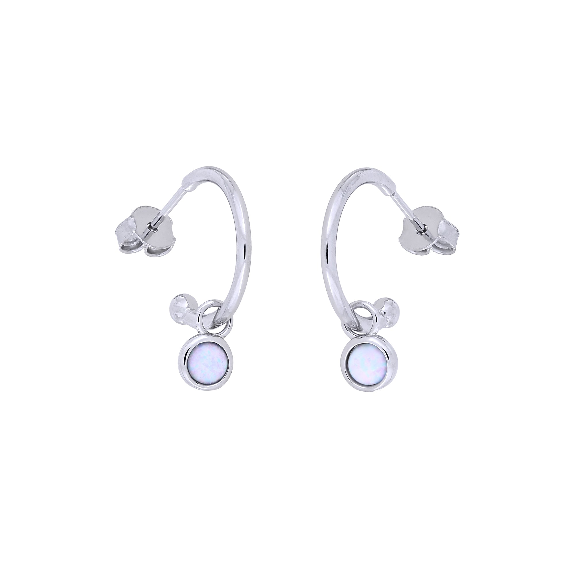 Polished sterling silver hoop earrings featuring delicate opal birthstone drops, combining modern minimalism with finely crafted British design.