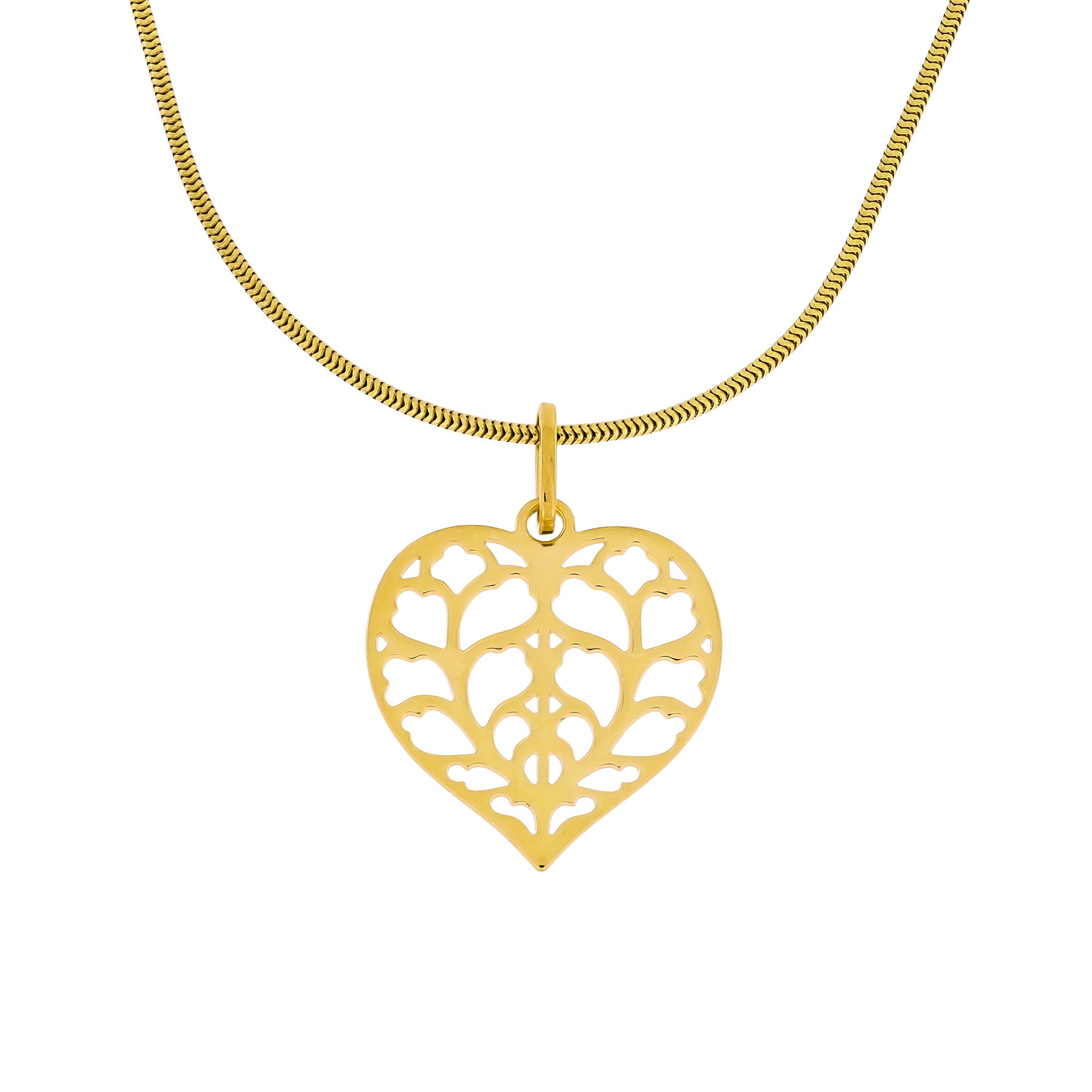 Delicate 18ct yellow gold pendant featuring an openwork heart design inspired by York Minster, suspended on a fine gold chain for an elegant and sculptural finish.