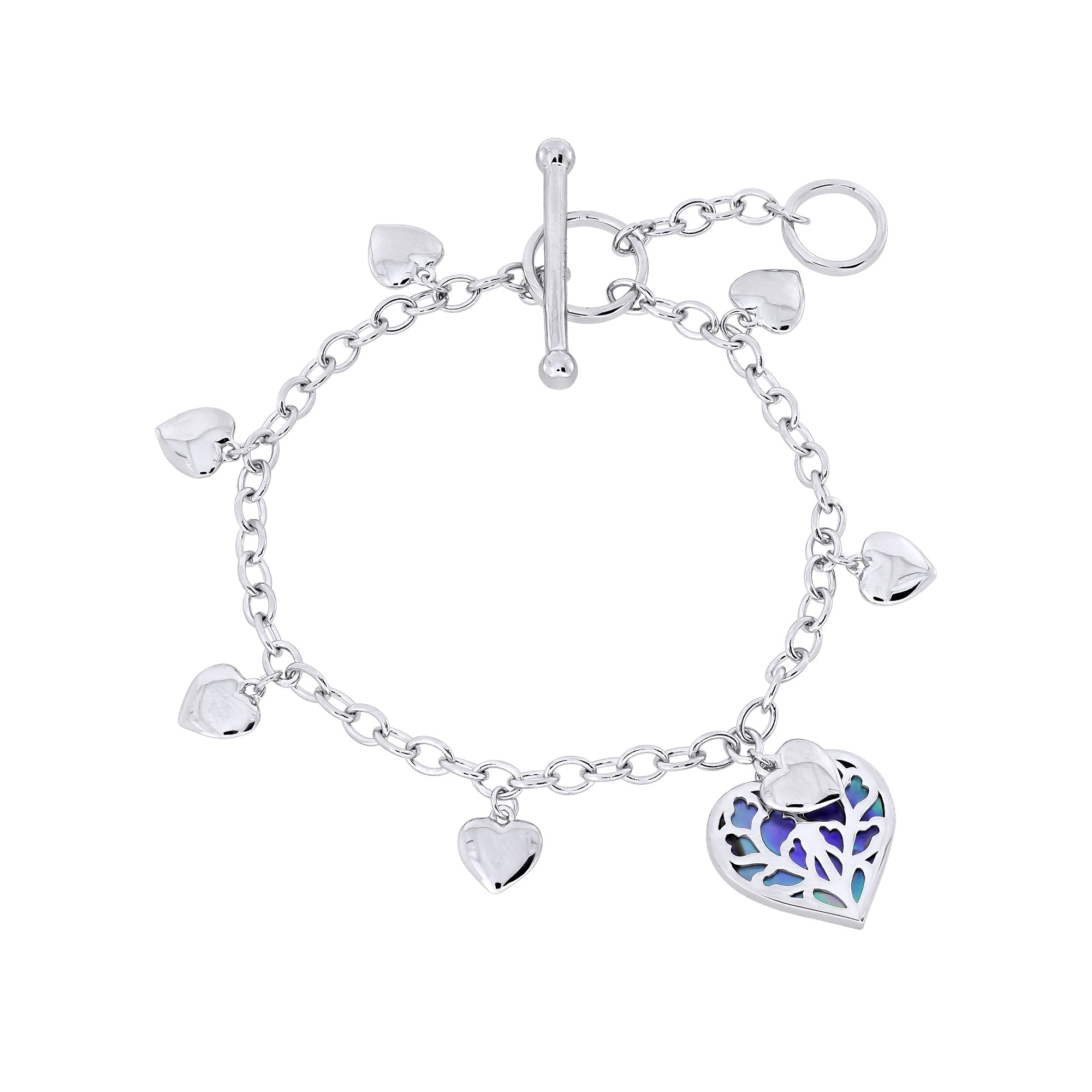 A silver T-bar bracelet featuring a heart design with abalone mother of pearl detailing, accompanied by small heart charms and a toggle clasp.