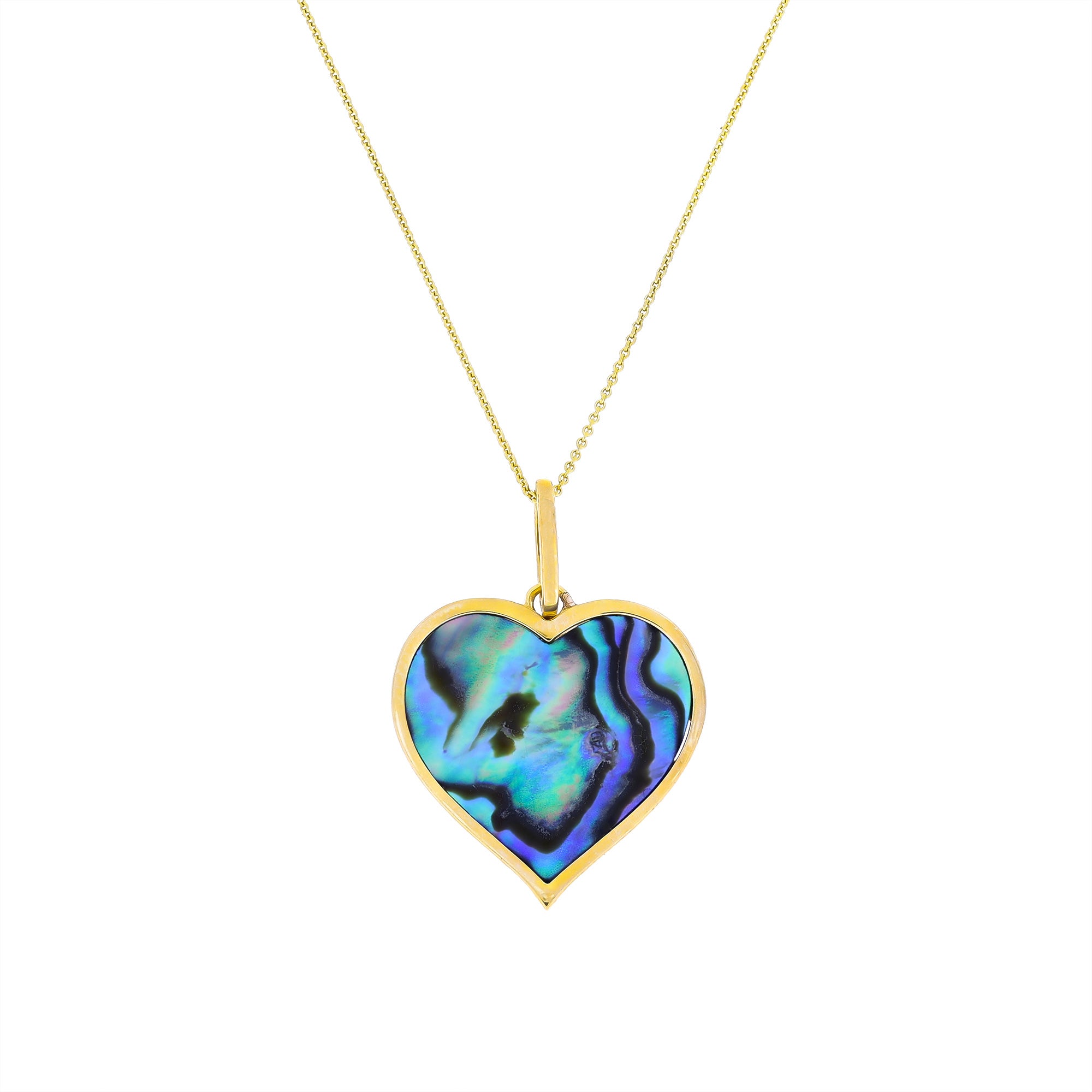 Delicate 9 carat yellow gold heart-shaped pendant featuring vibrant iridescent abalone inlay suspended from a fine chain, blending natural beauty with contemporary elegance.
