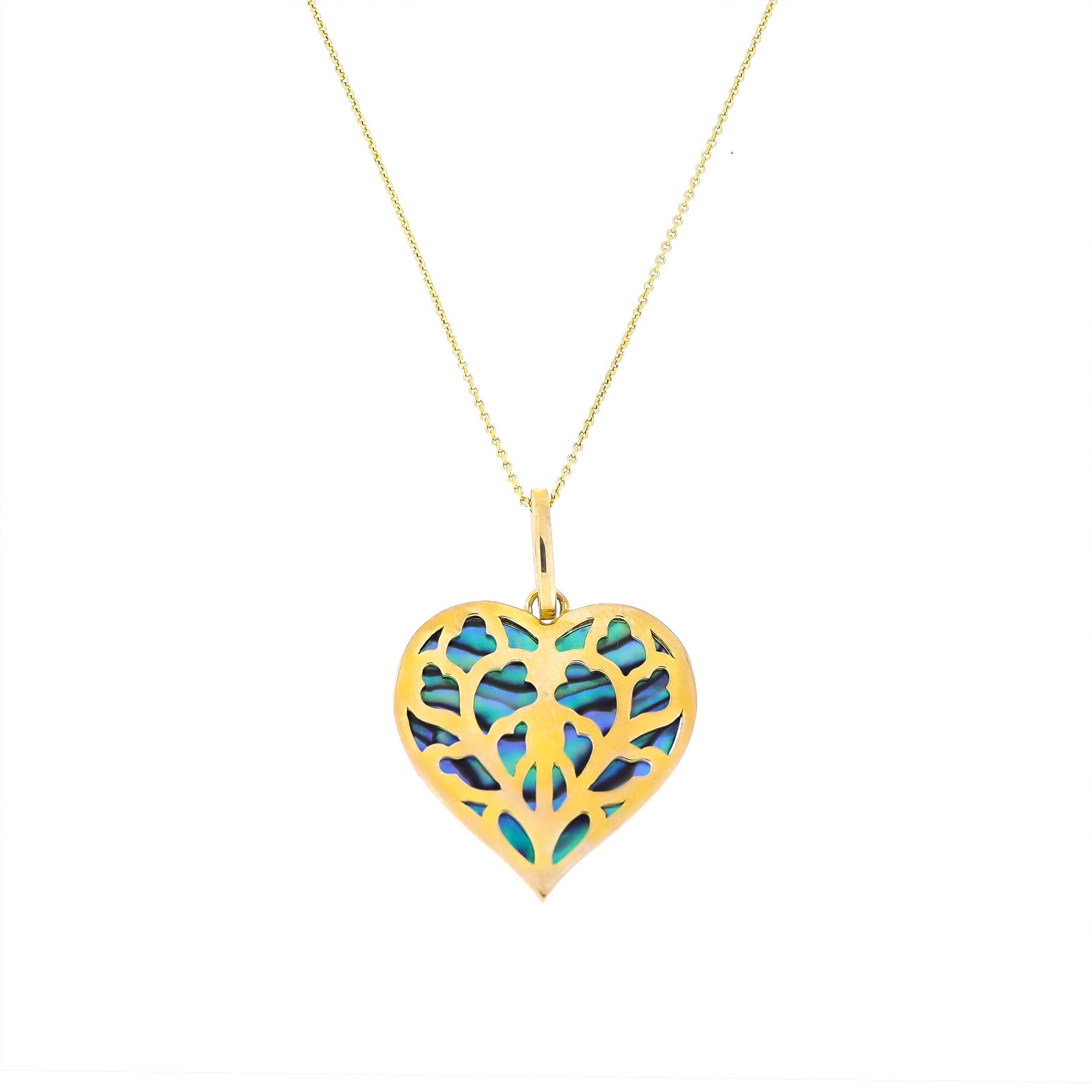 9 carat yellow gold pendant in a heart shape featuring intricate openwork with iridescent abalone inlay, suspended from a delicate fine chain for a refined designer jewellery look.