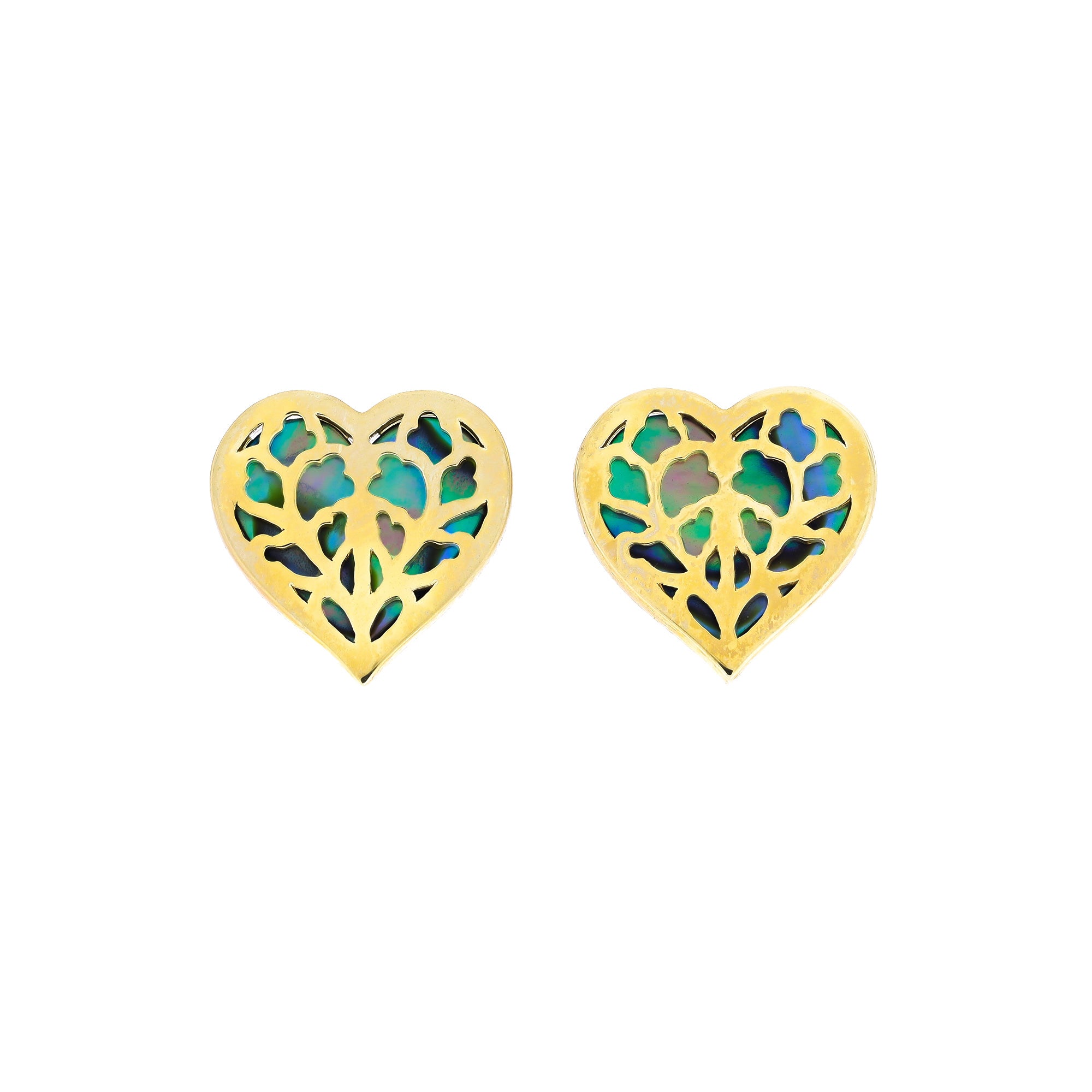 9 carat gold stud earrings featuring a heart-shaped openwork design with iridescent abalone inlay, combining delicate craftsmanship with a contemporary British aesthetic.