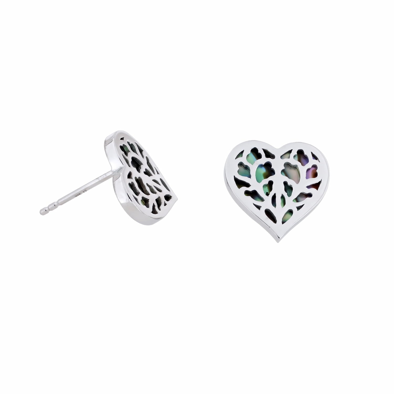 Pair of 9 carat white gold stud earrings featuring heart-shaped openwork design with iridescent abalone inlay, combining sculptural elegance with a contemporary finish.