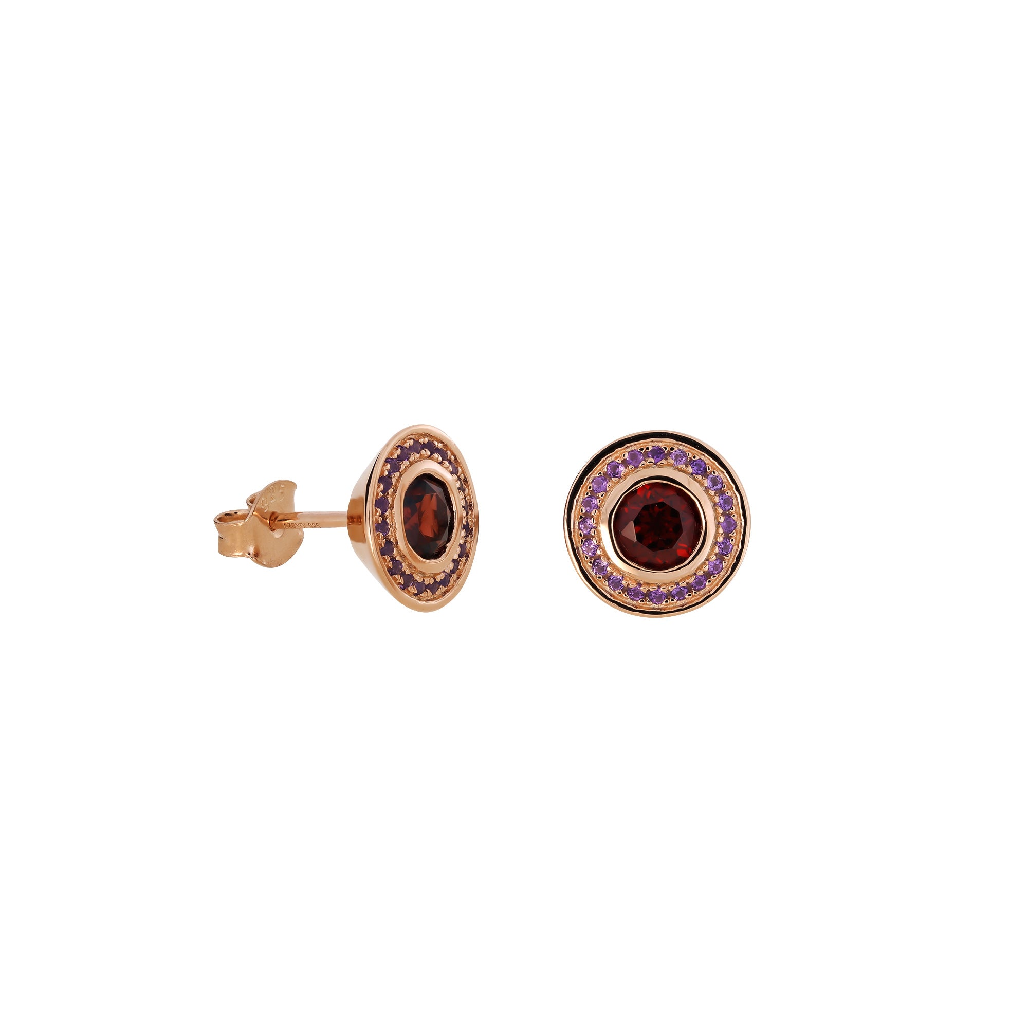 Garnet & Amethyst Stud Earrings in Rose Gold Vermeil
