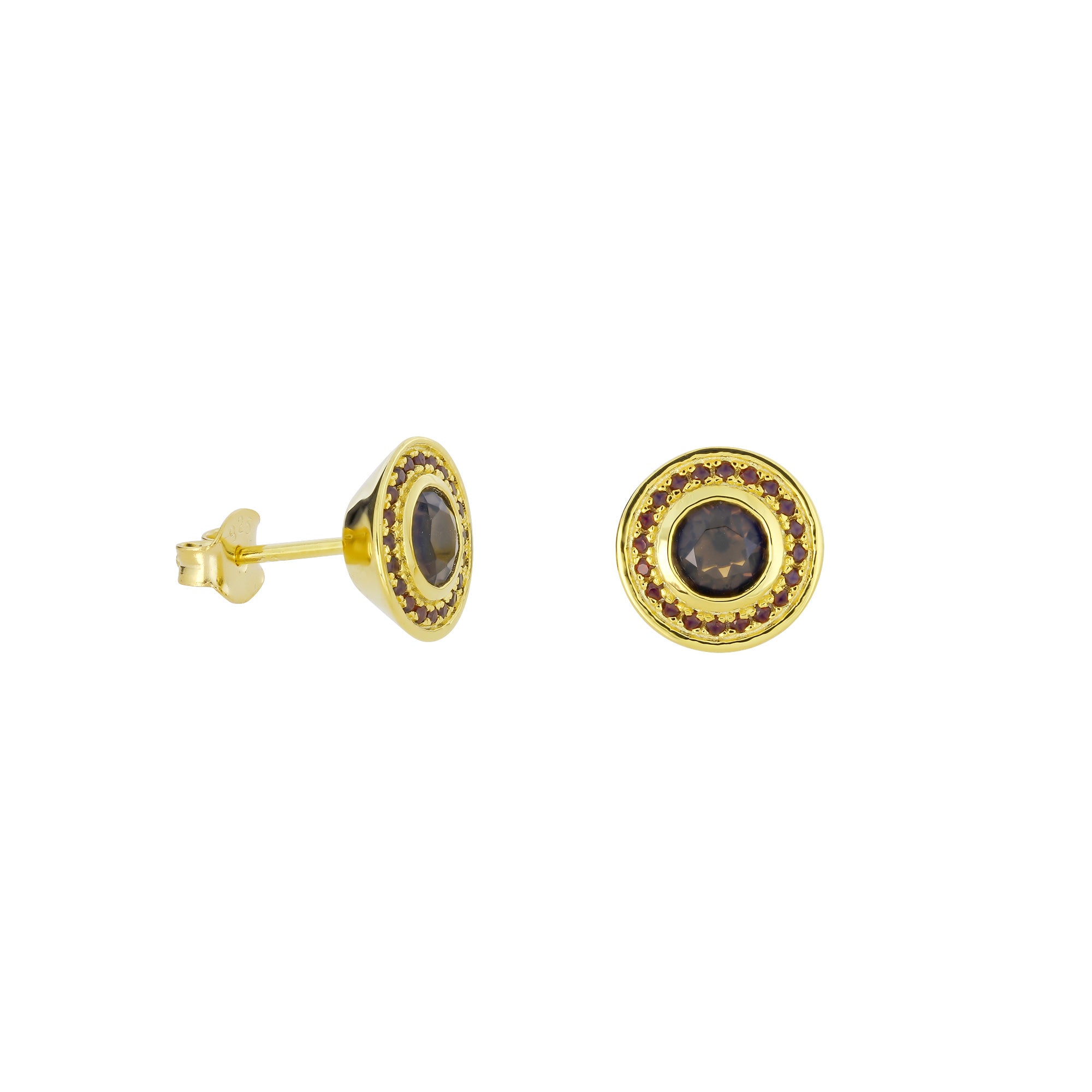 Smoky Quartz & Garnet Stud Earrings in Yellow Gold Vermeil