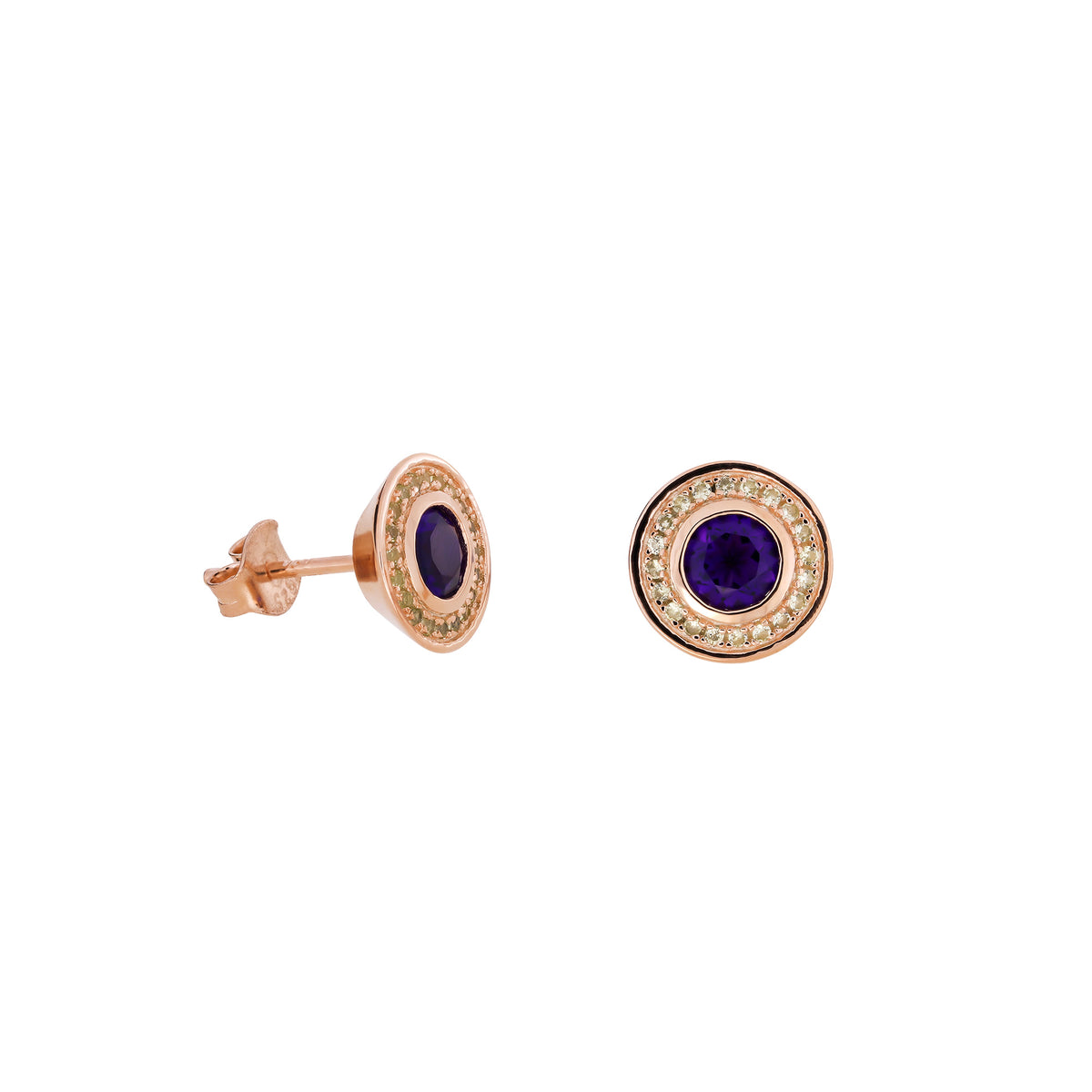 Amethyst &amp; Olivine Stud Earrings in Rose Gold Vermeil
