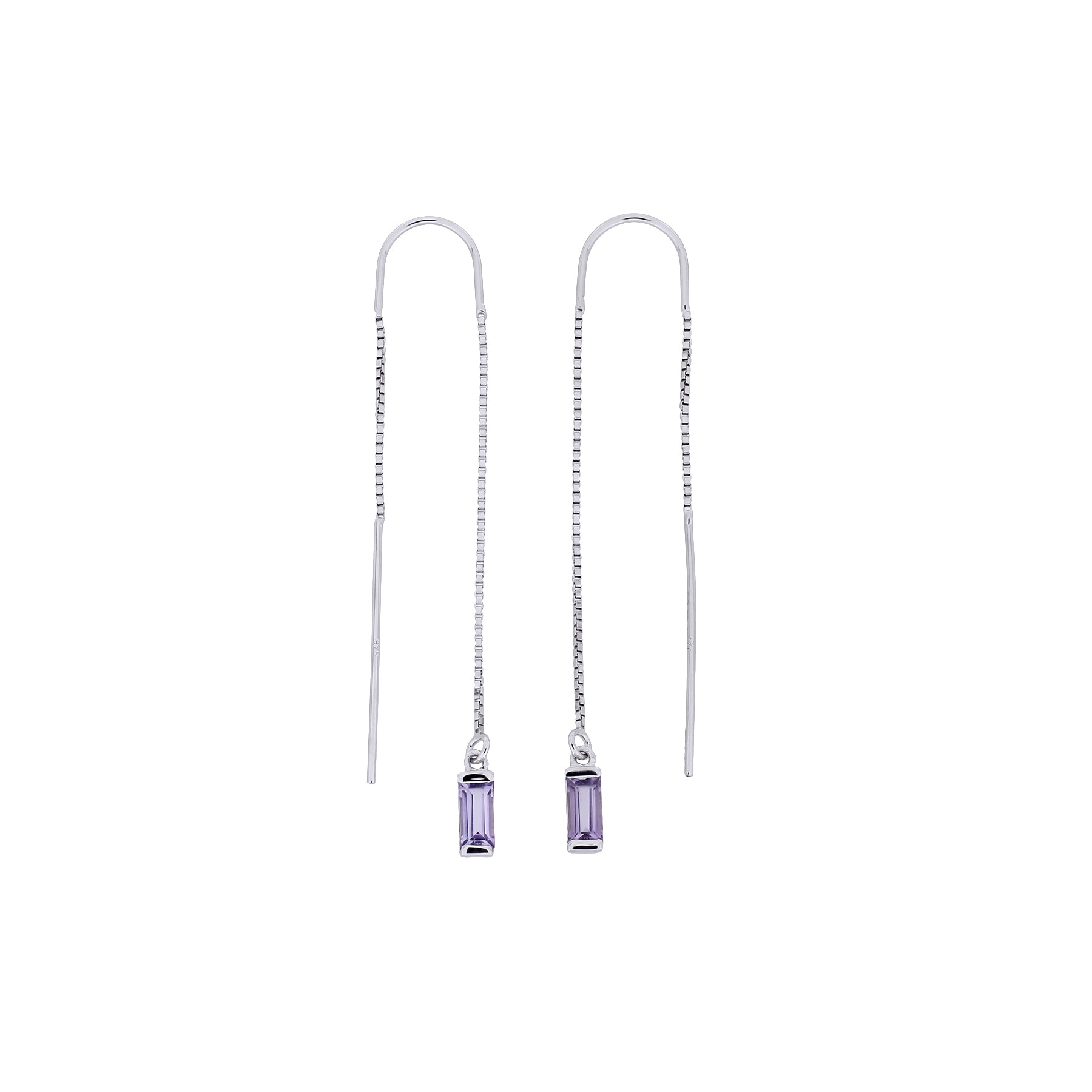 Silver Amethyst Baguette Threader Earrings