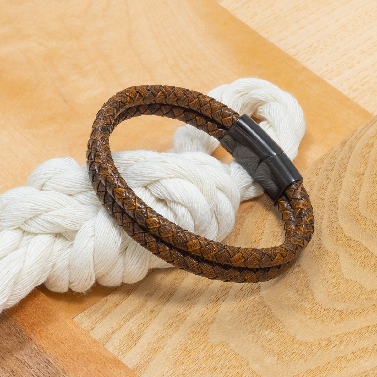 Brown Double Strand Leather & Steel Men's Bracelet
