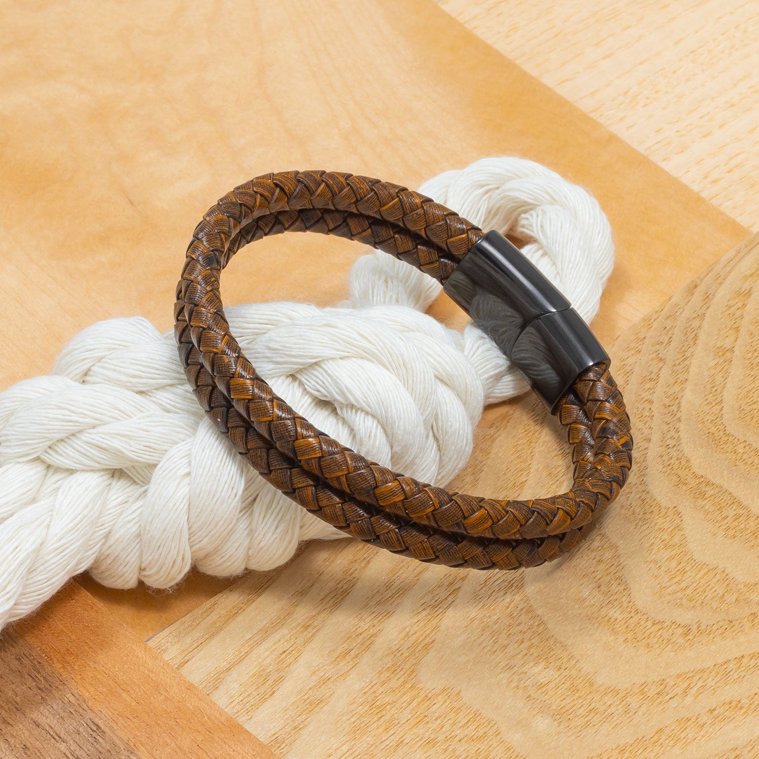 Brown Double Strand Leather & Steel Men's Bracelet