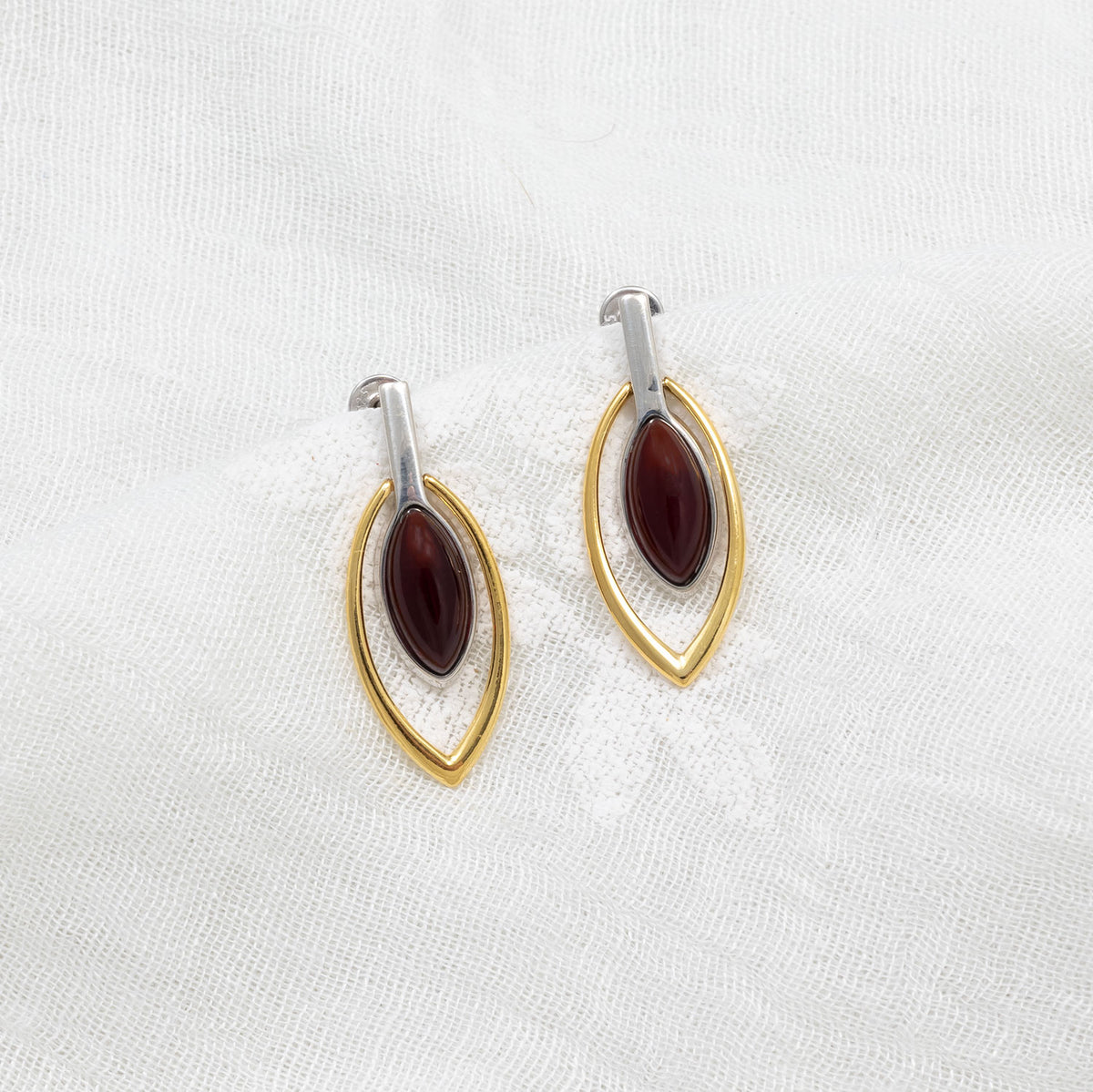 Silver & Gold Vermeil Cherry Amber Leaf Drop Earrings