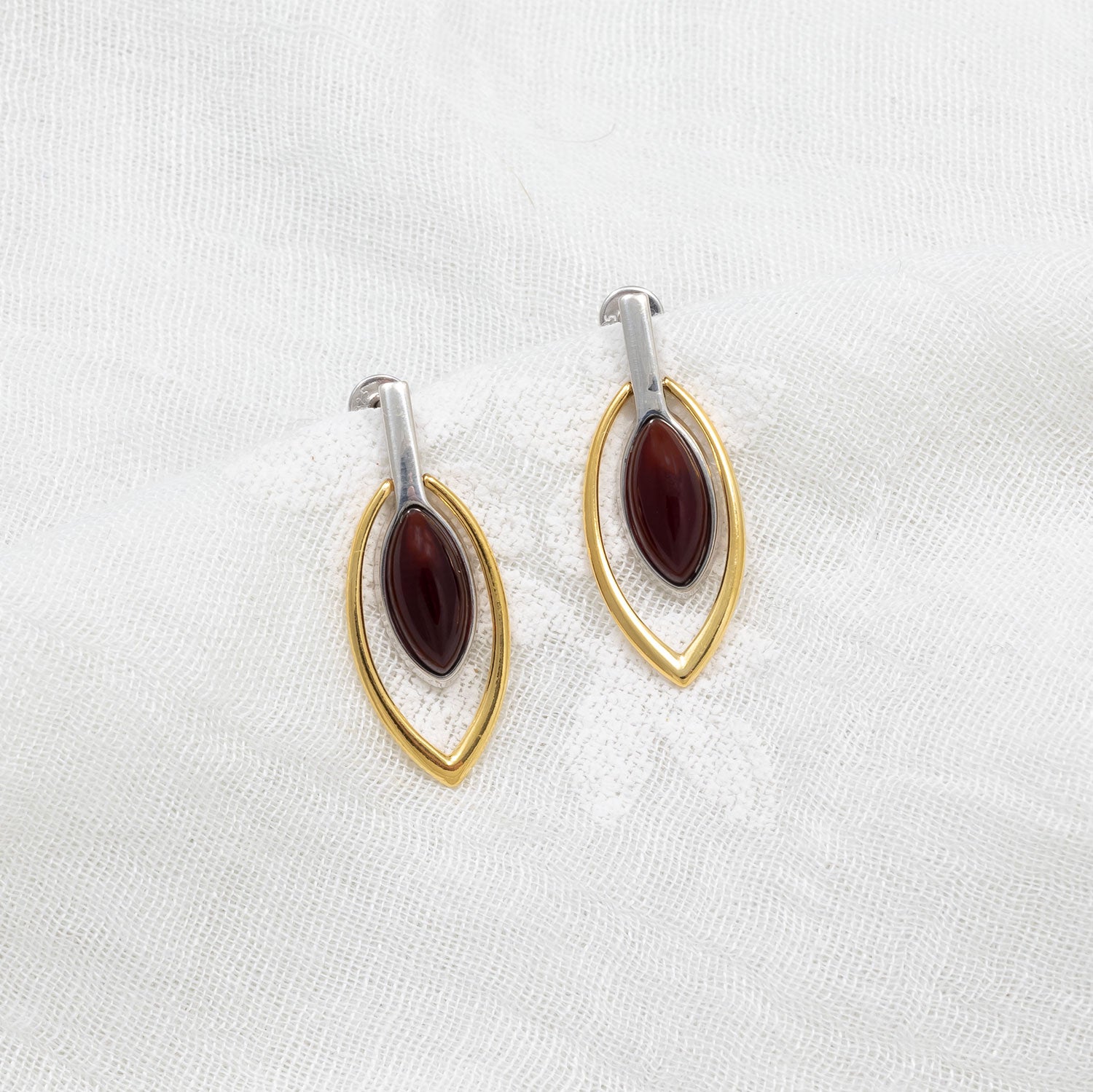 Silver & Gold Vermeil Cherry Amber Leaf Drop Earrings