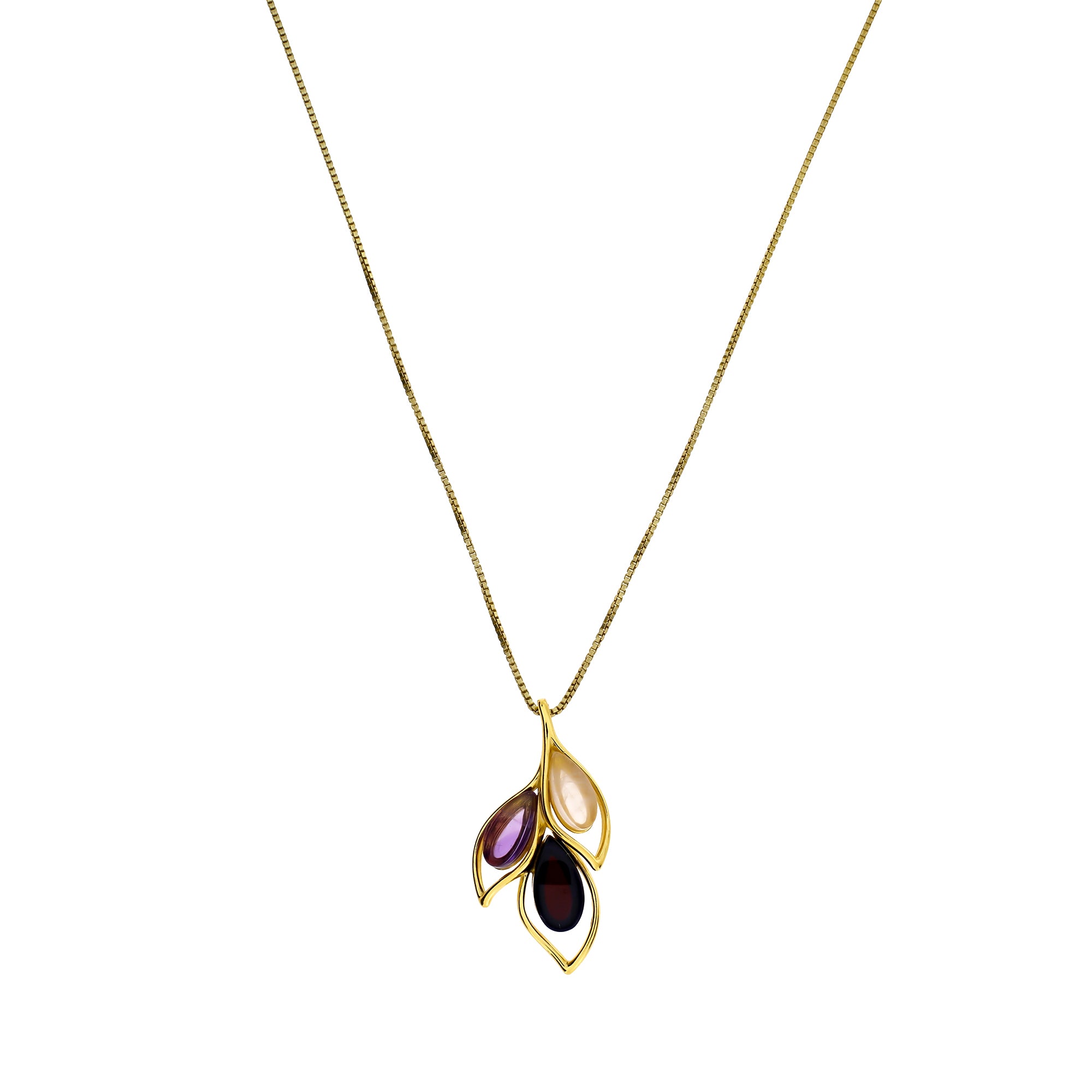 Gold Vermeil Cherry Amber, Rose Quartz & Amethyst Leaf Pendant