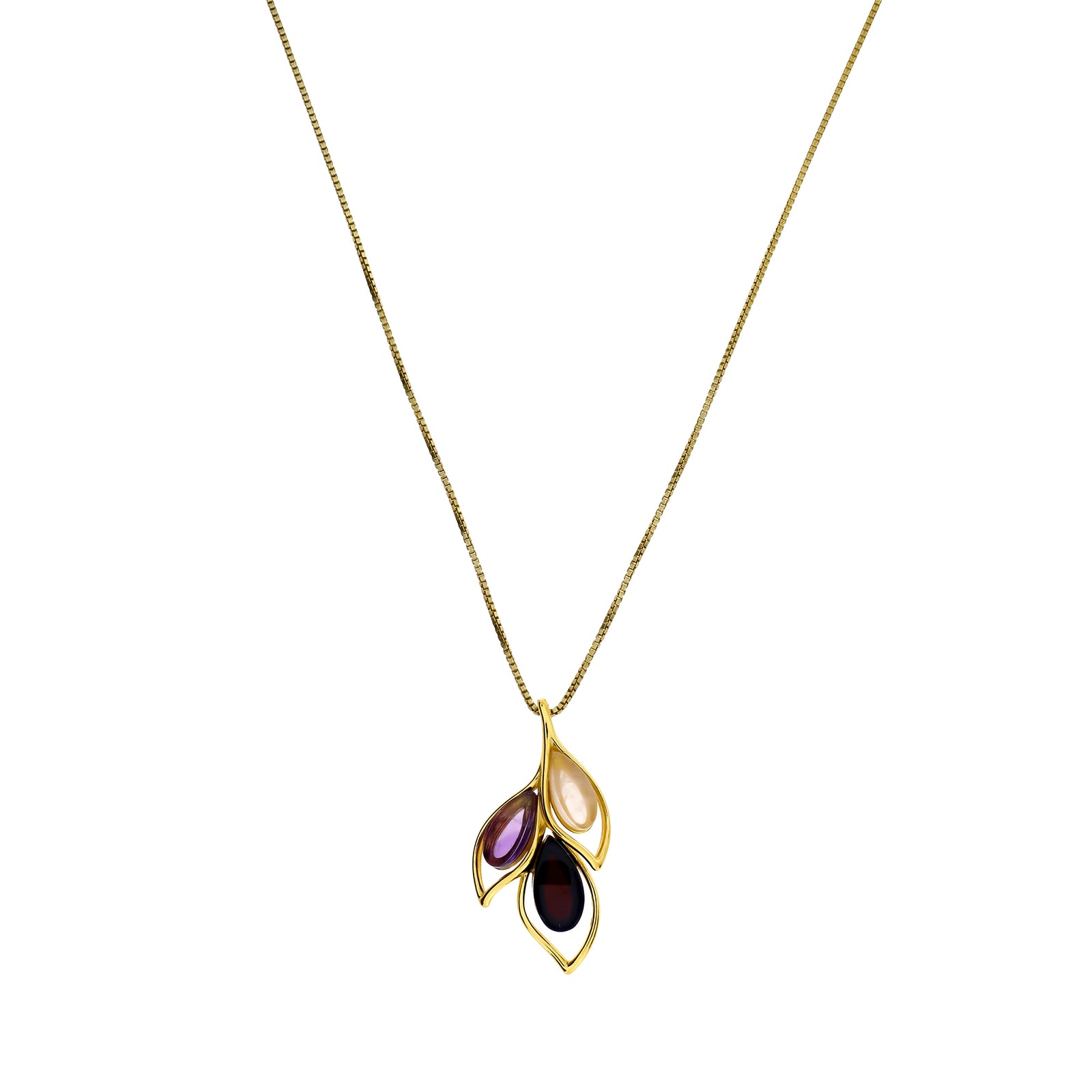 Gold Vermeil Cherry Amber, Rose Quartz & Amethyst Leaf Pendant