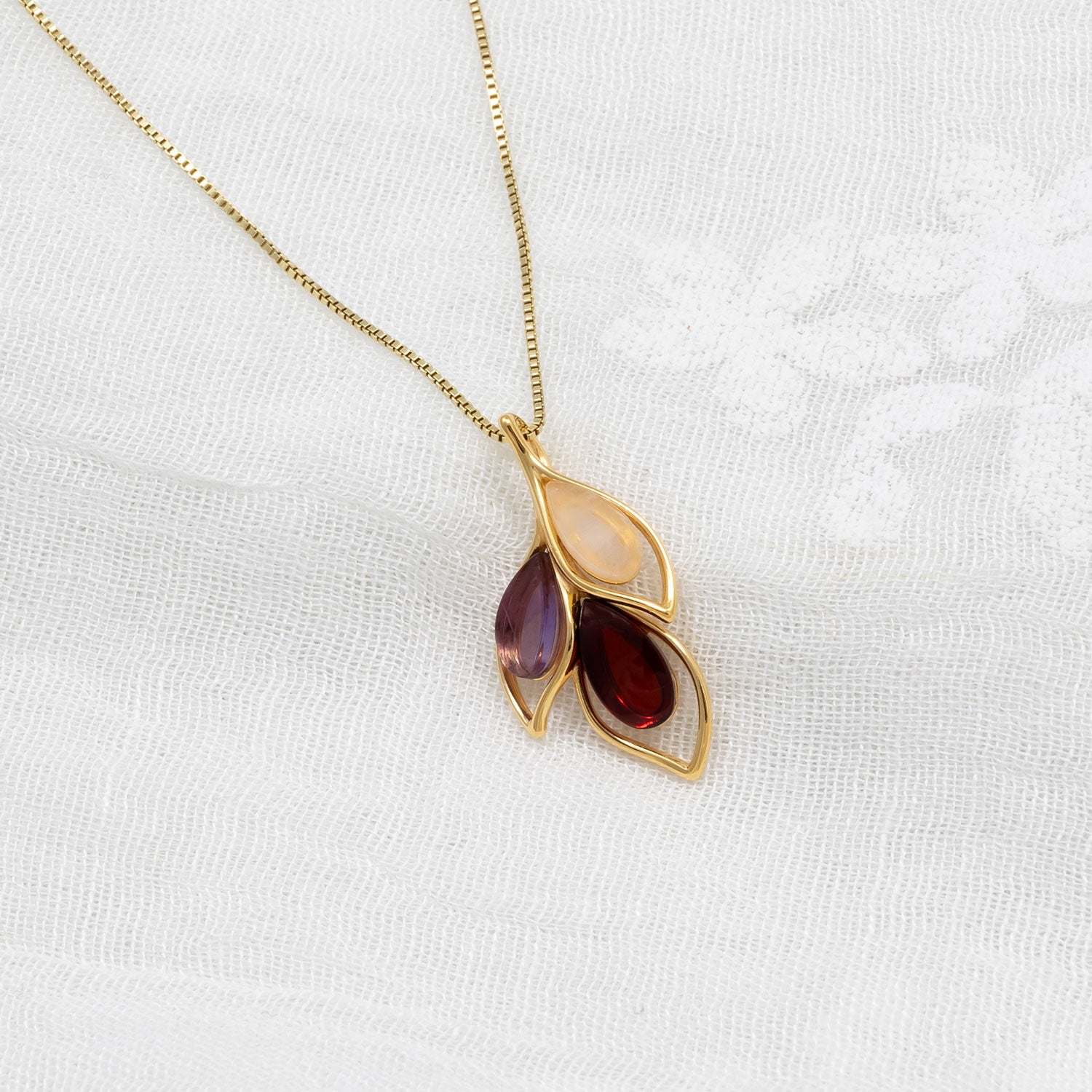 Gold Vermeil Cherry Amber, Rose Quartz & Amethyst Leaf Pendant