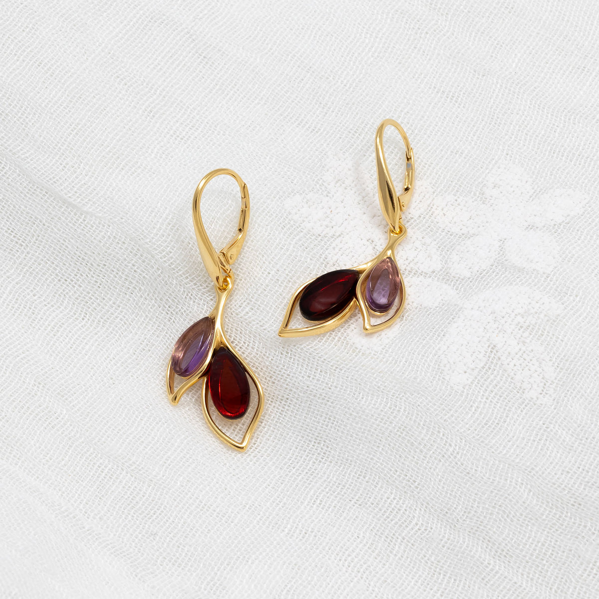 Gold Vermeil Cherry Amber & Amethyst Leaf Drop Earrings