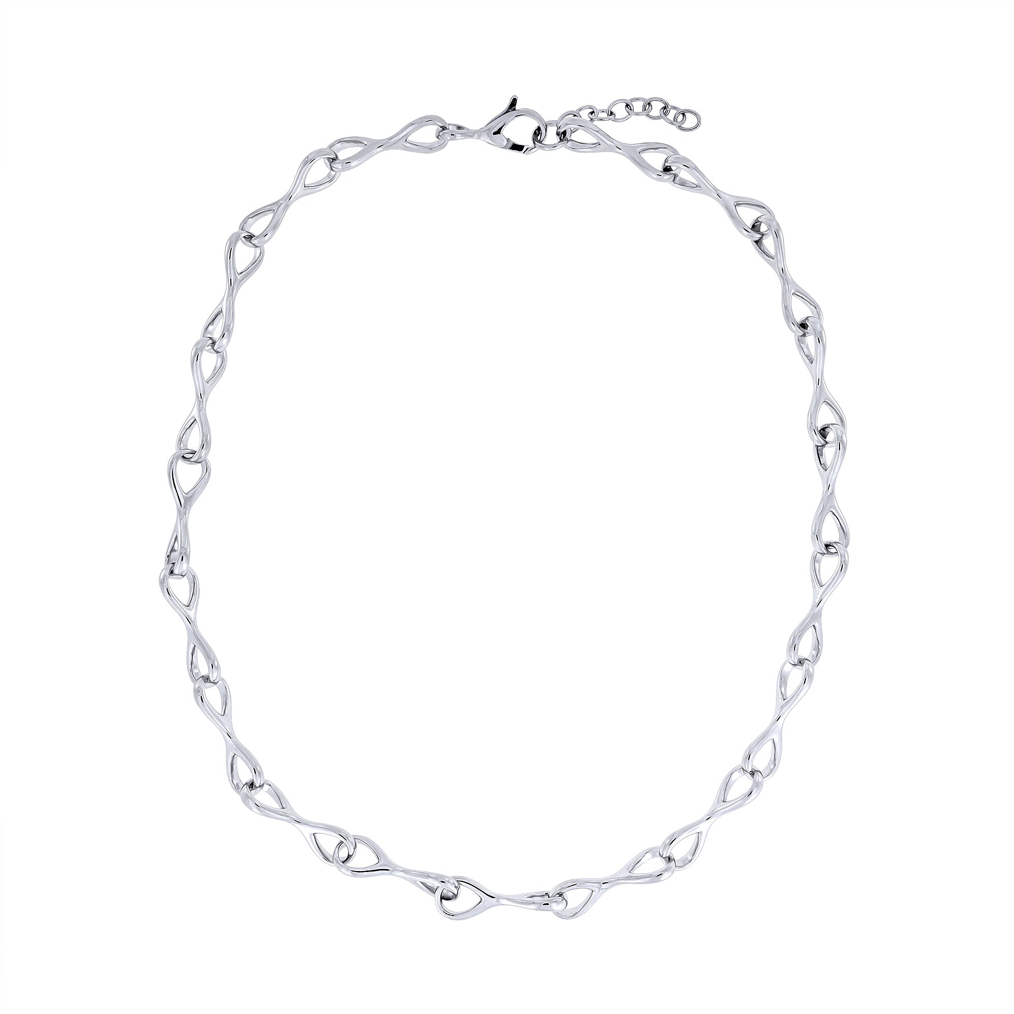 Polished sterling silver necklace featuring a continuous linked design of interlocking teardrop shapes, showcasing a sleek and fluid contemporary style.
