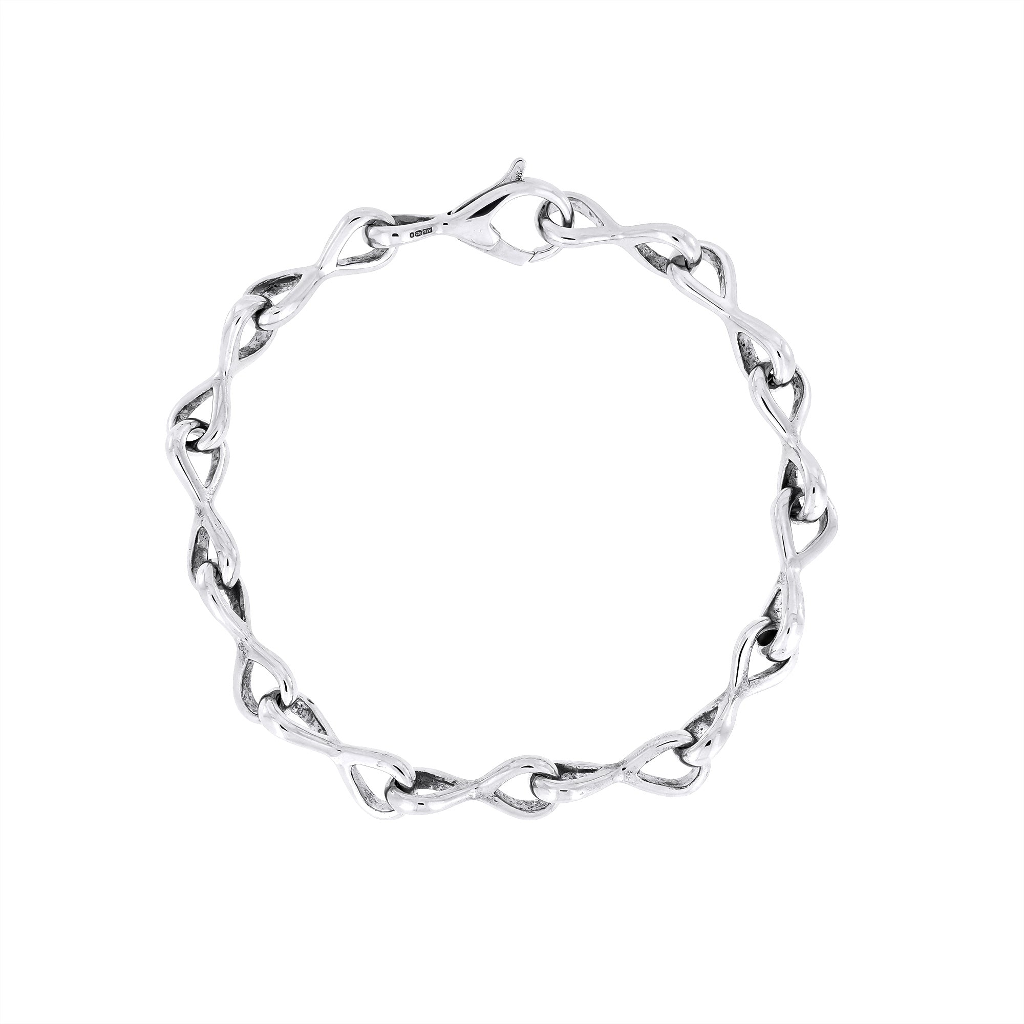Polished sterling silver bracelet featuring interlocking teardrop-shaped links with a flowing, sculptural design for refined contemporary sterling silver jewellery.