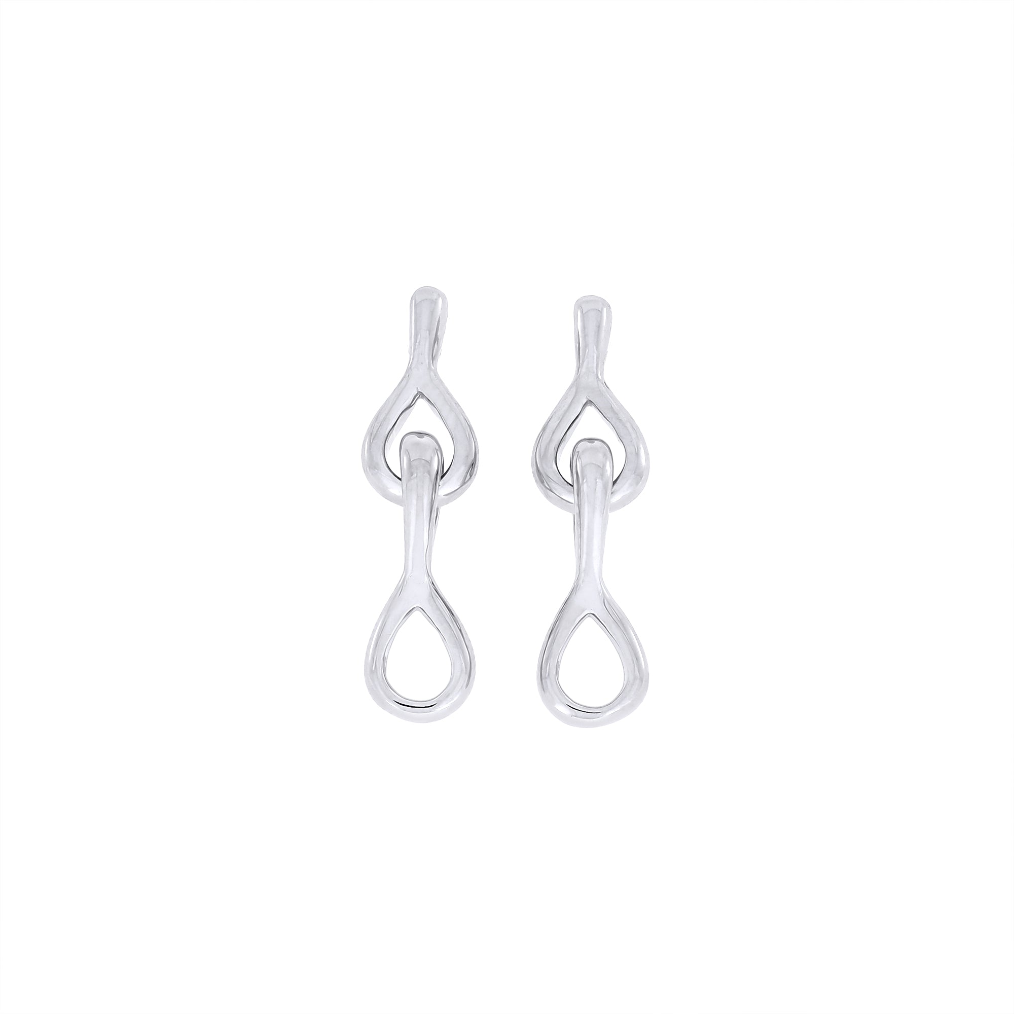 Pair of polished sterling silver earrings featuring two interlocking teardrop-shaped links, showcasing a sleek and modern design with fluid lines for refined everyday wear.