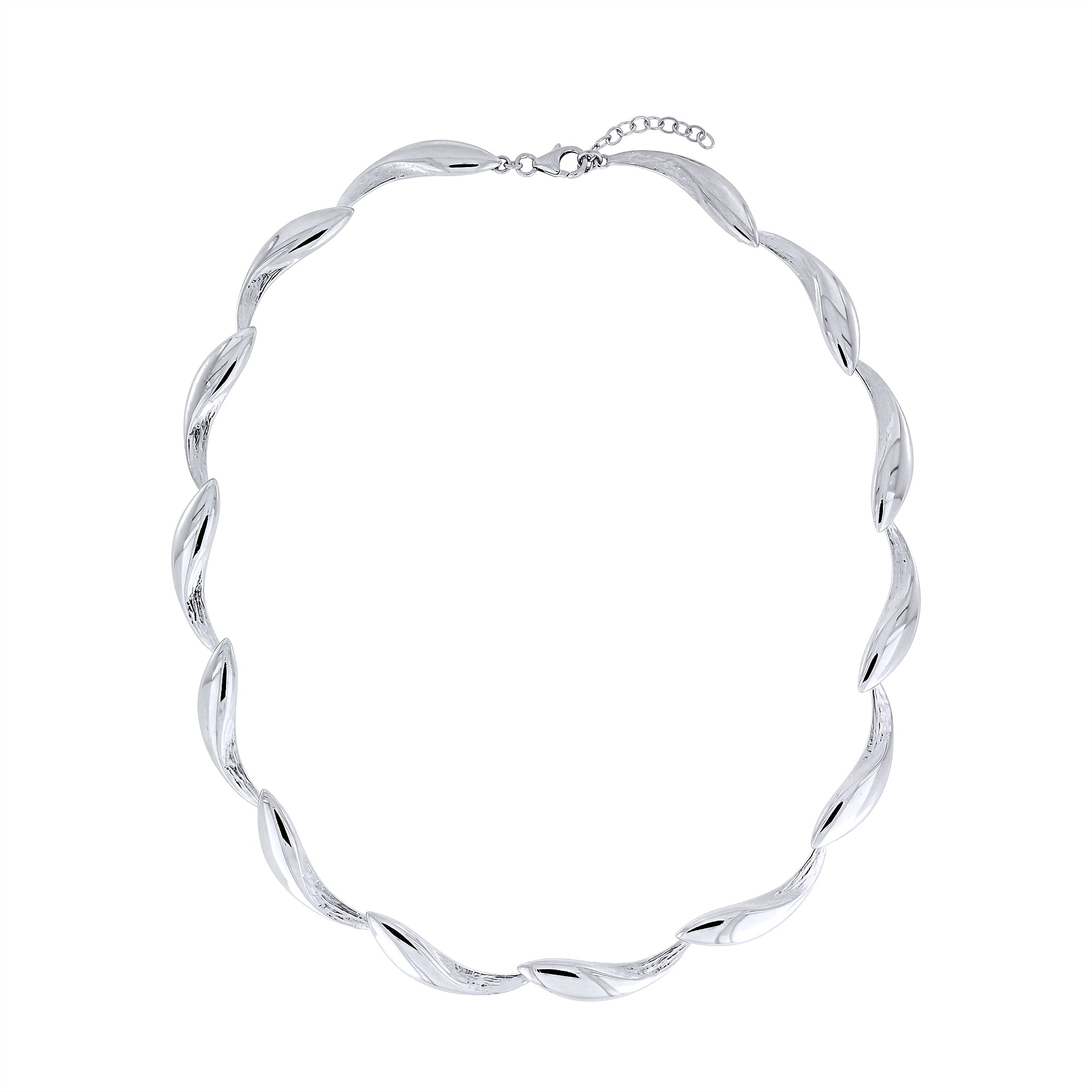 Polished and textured sterling silver necklace featuring elongated droplet-shaped links with alternating smooth and brushed finishes for a refined, contemporary look.