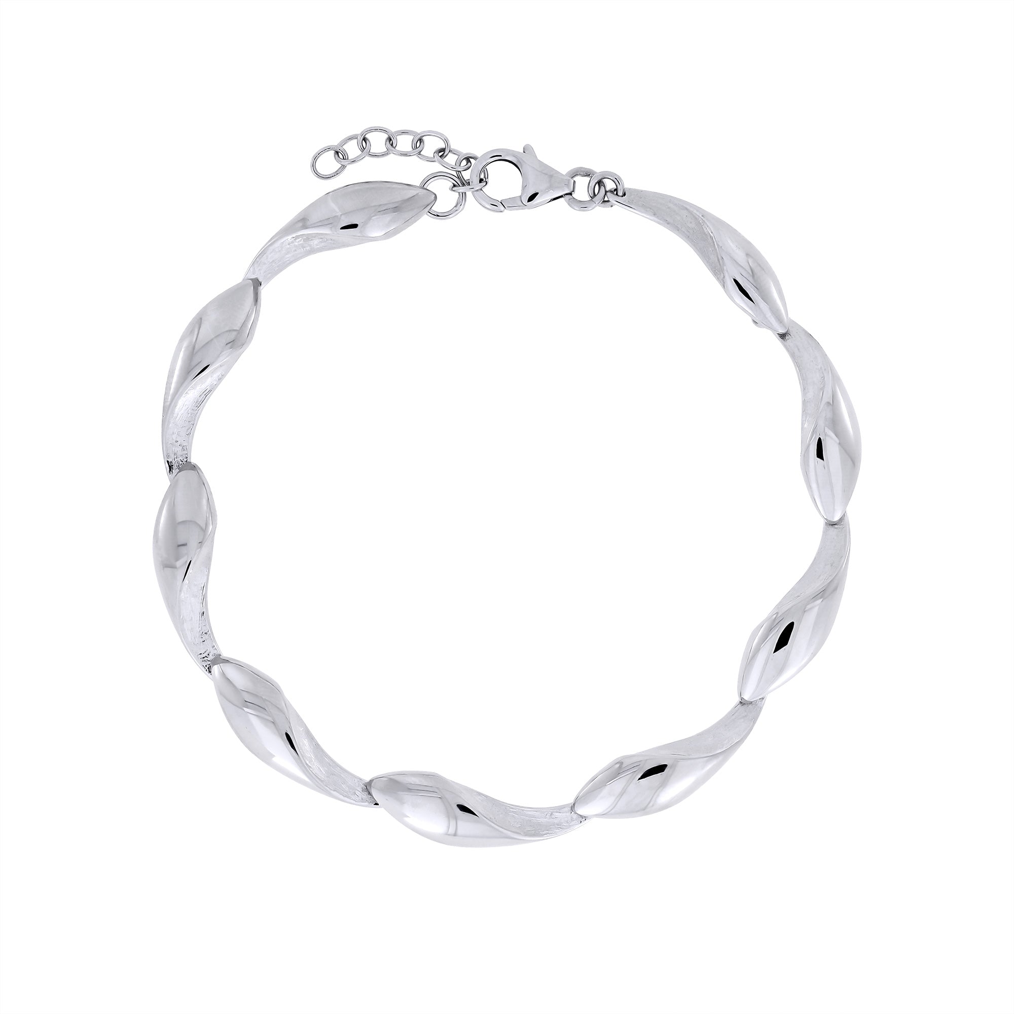 Sterling silver bracelet featuring polished and textured droplet-shaped links connected in a fluid, sculptural chain with an adjustable extension for a refined contemporary look.