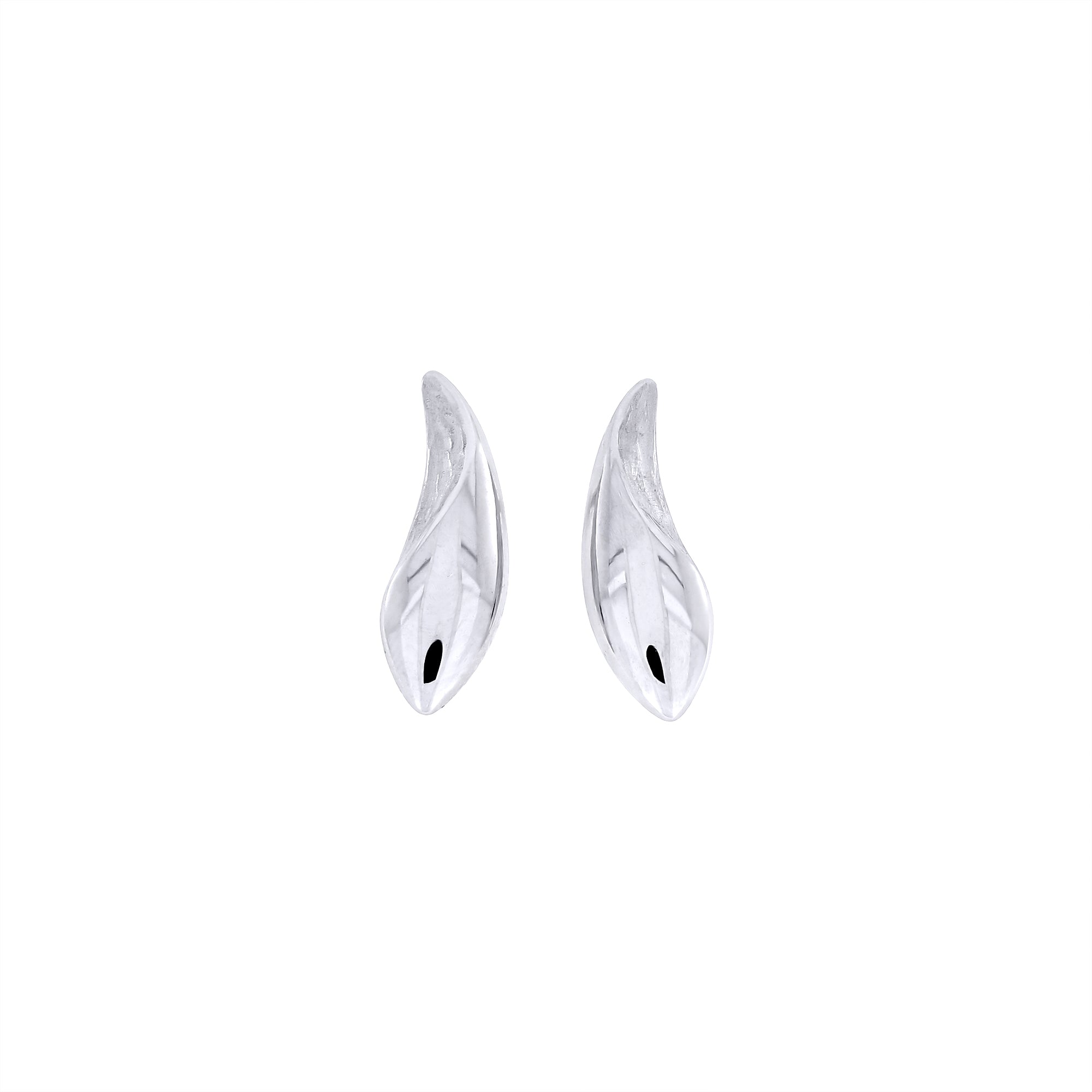 Polished and textured sterling silver stud earrings shaped as sleek, elongated droplets, featuring a smooth reflective surface with subtle sculptural detailing for modern elegance.