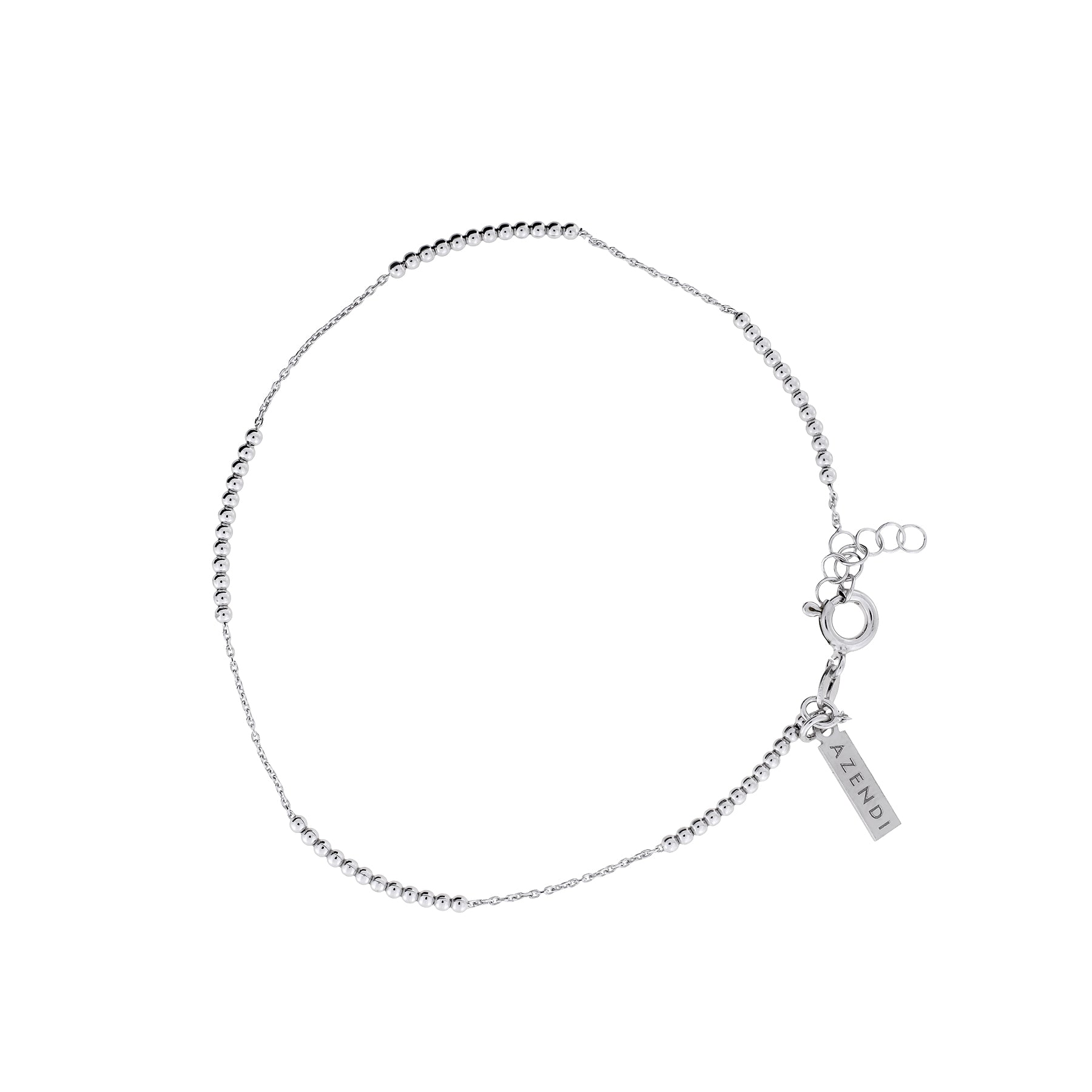Sterling silver anklet featuring delicate beaded sections and a fine adjustable chain, accented with a branded tag for a sculptural, contemporary look.