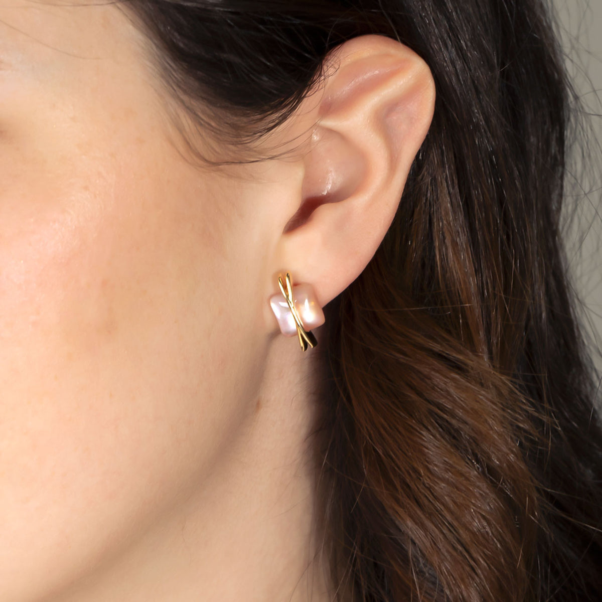 Square Pink Mother of Pearl Crossover Stud Earrings