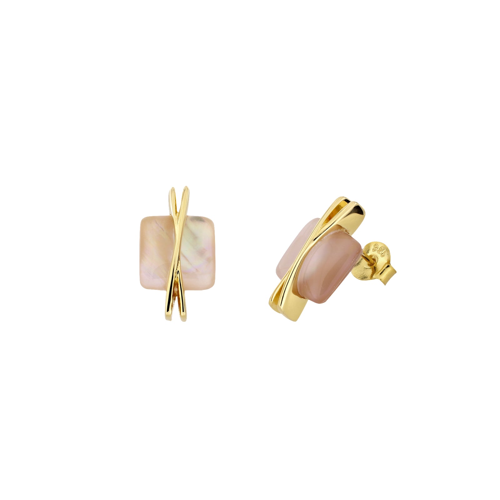 Square Pink Mother of Pearl Crossover Stud Earrings