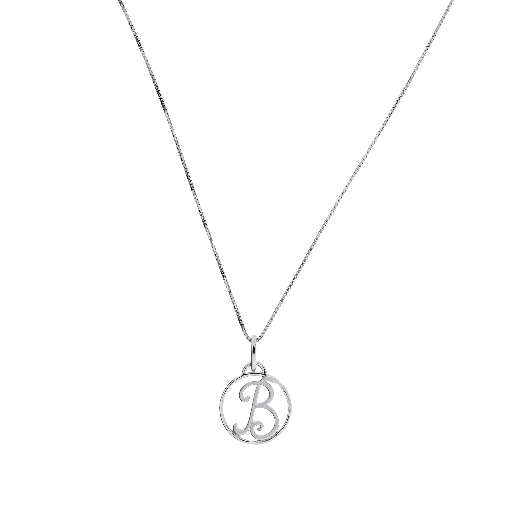 Sterling silver necklace featuring a sculptural pendant with an elegant initial letter "B" enclosed in a polished circular frame on a fine chain.