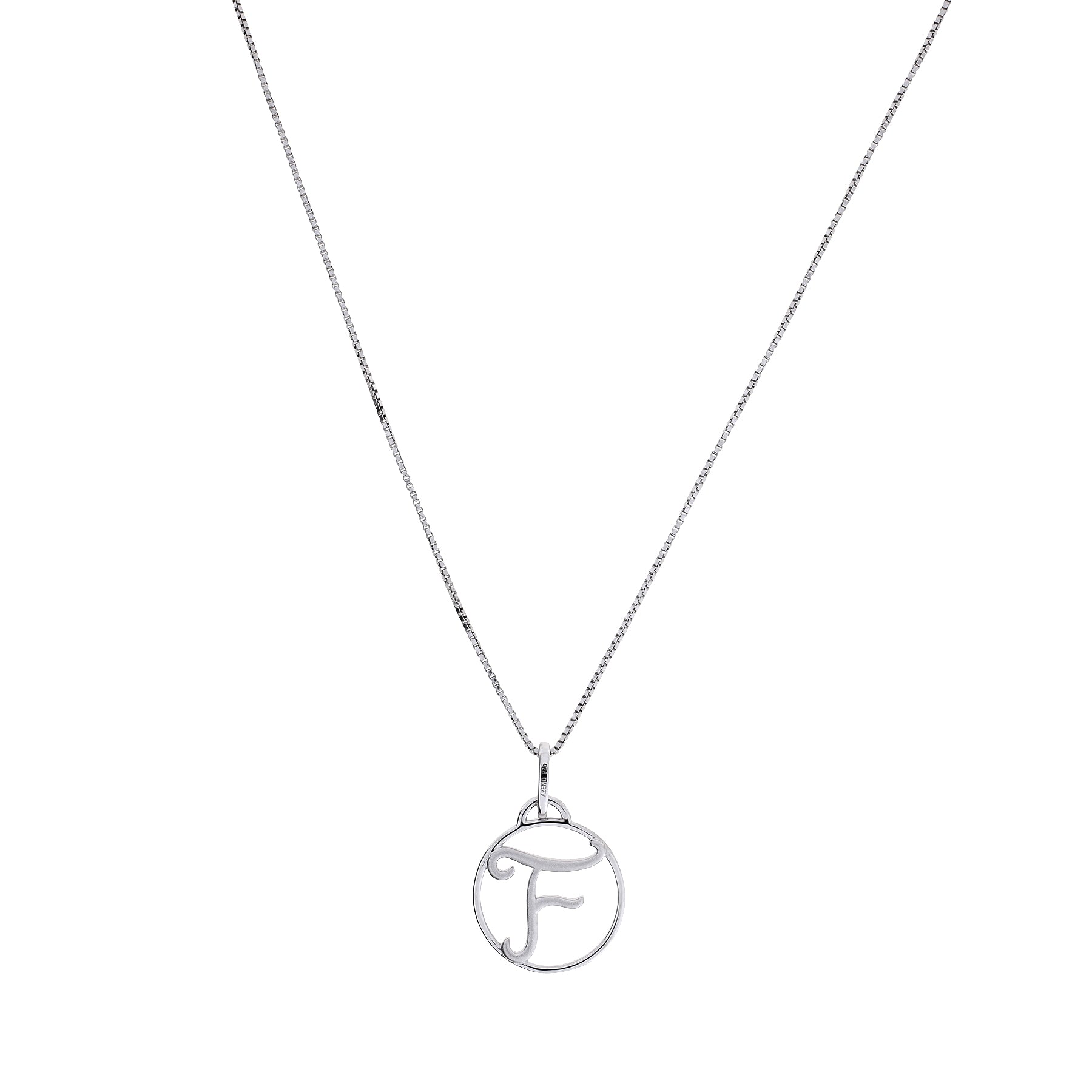 A polished sterling silver necklace featuring a sculptural round pendant with a delicate initial letter design suspended from a fine silver chain.