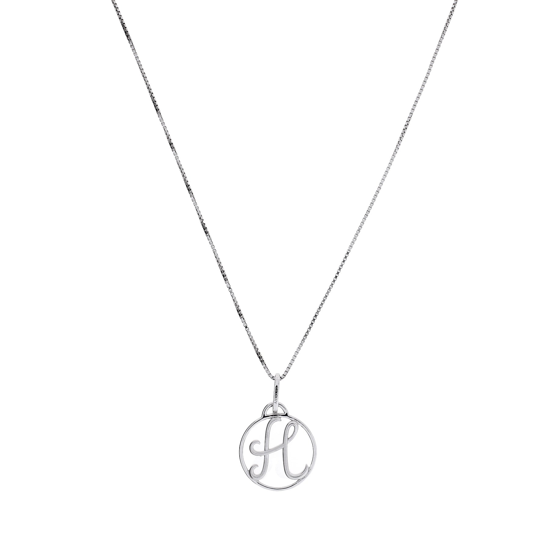 Sterling silver necklace featuring a sculptural pendant shaped as an open circular initial letter, suspended from a fine chain, showcasing elegant and contemporary design.