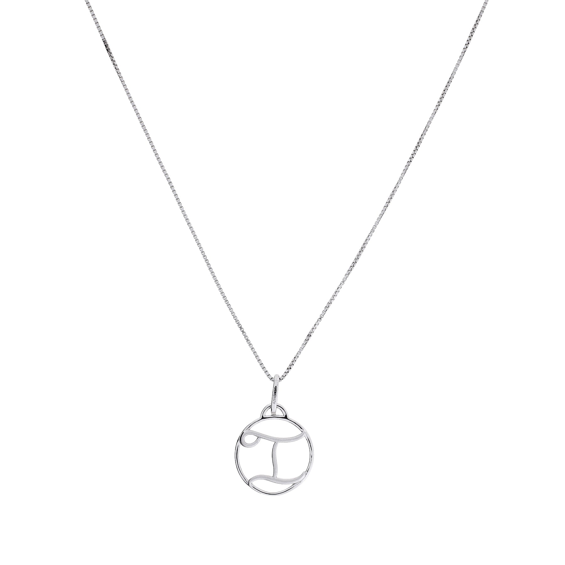 A sterling silver necklace featuring a sculptural circular pendant with a stylized initial letter design, suspended from a fine, delicate chain.