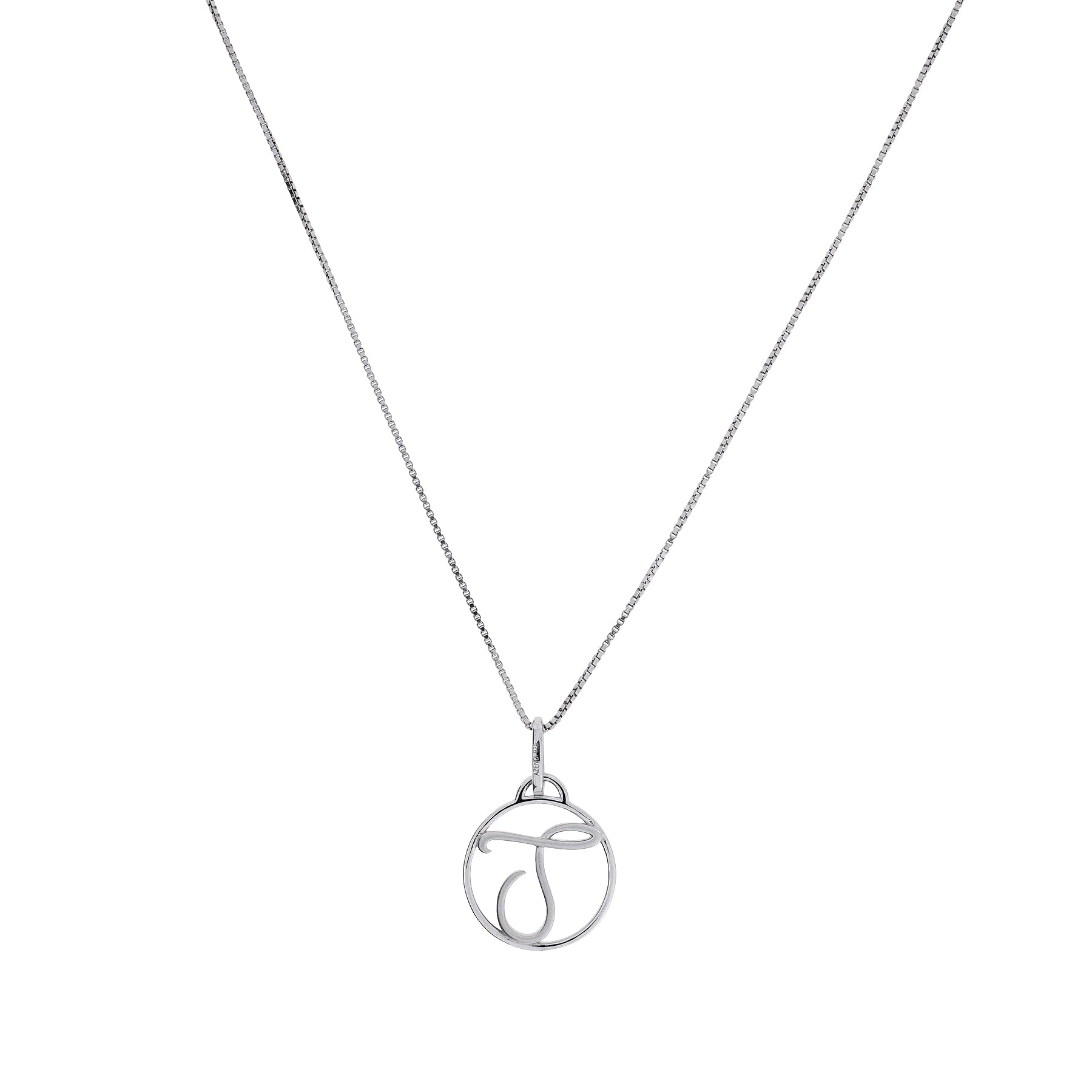 Sterling silver necklace featuring a circular pendant with a sculptural initial letter design, suspended from a fine, delicate chain for a contemporary look.