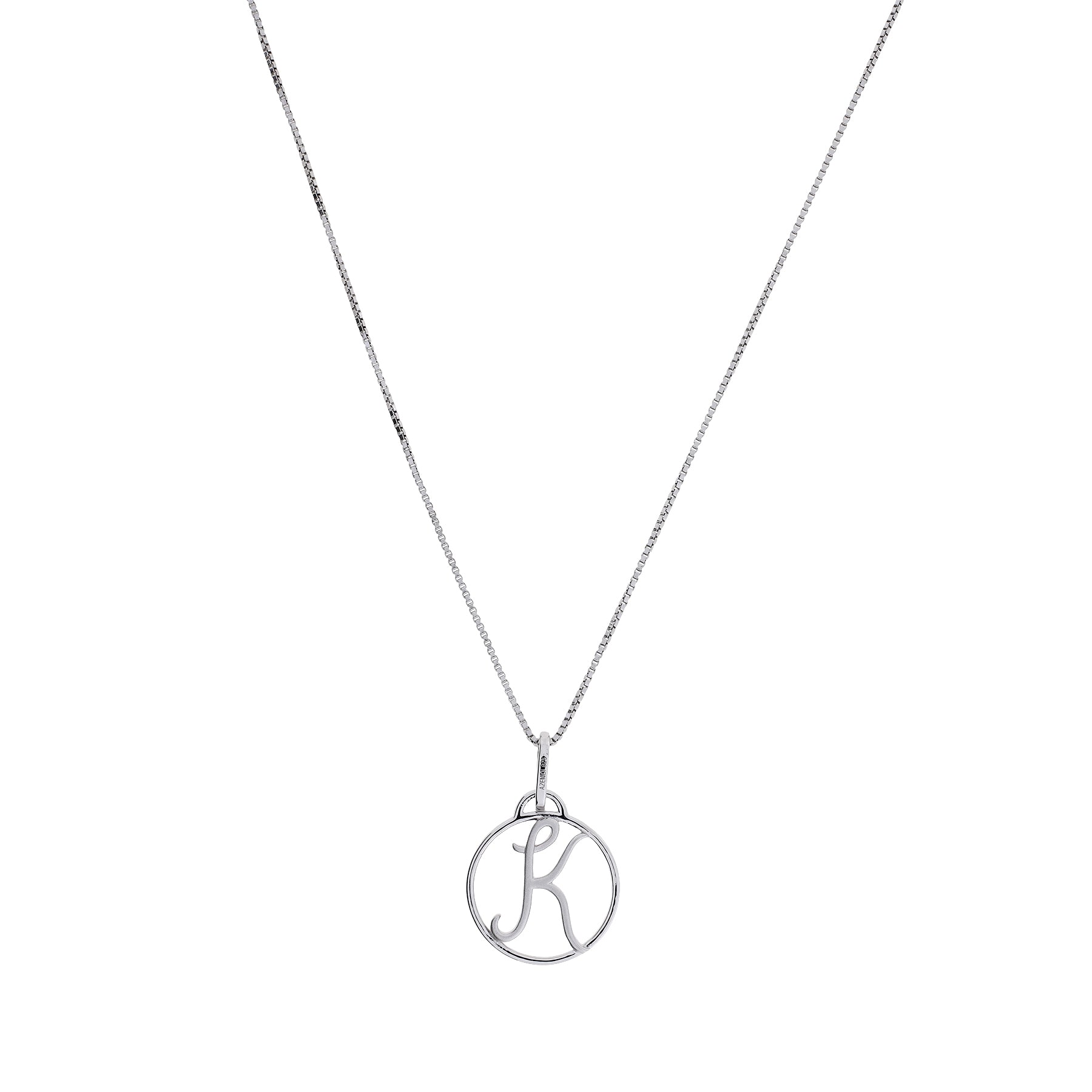 Sterling silver necklace featuring a finely crafted circular pendant with a delicate initial letter design, suspended from a slender adjustable chain.