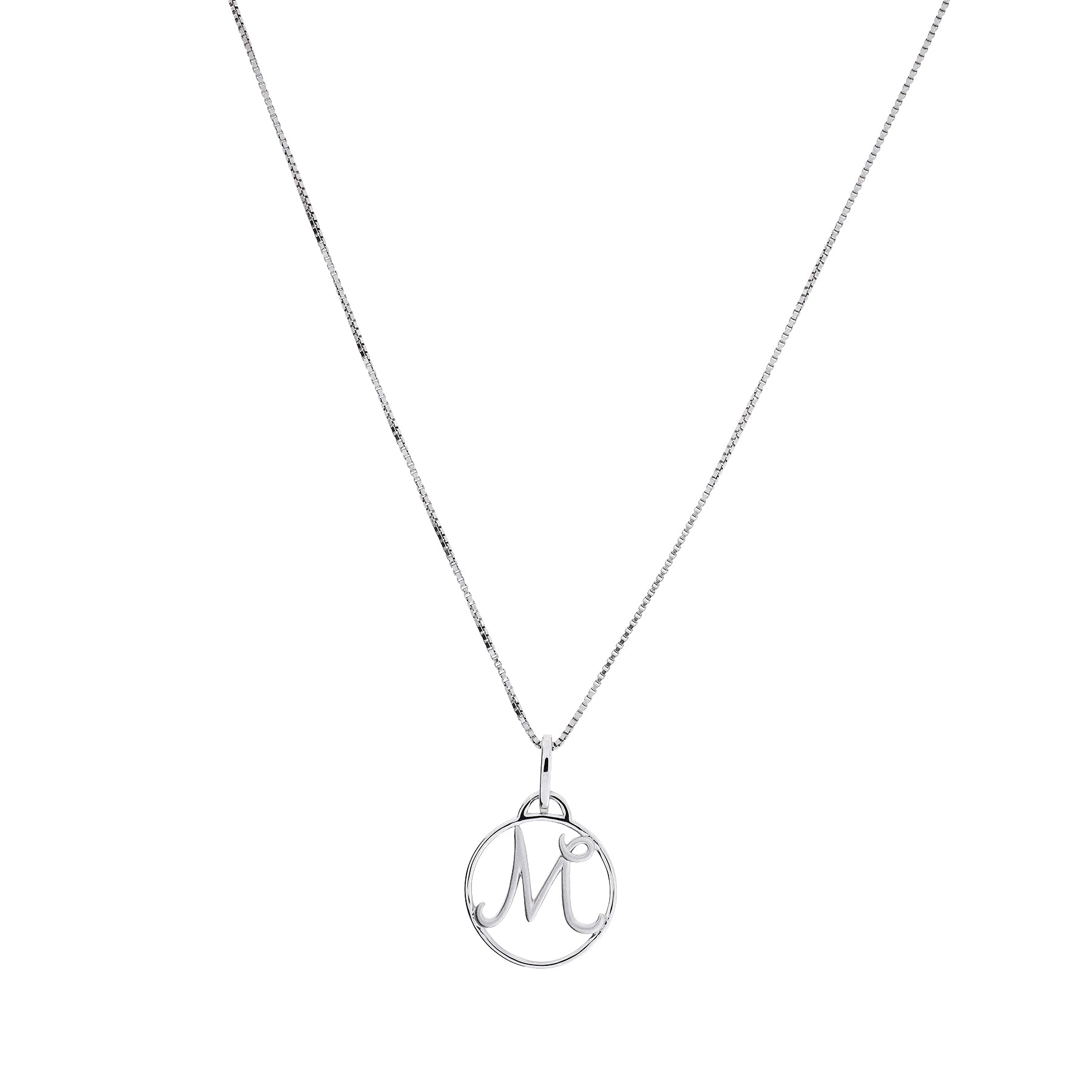 Sterling silver necklace featuring a polished circular pendant with a delicate initial letter design, suspended from a fine, elegant chain.