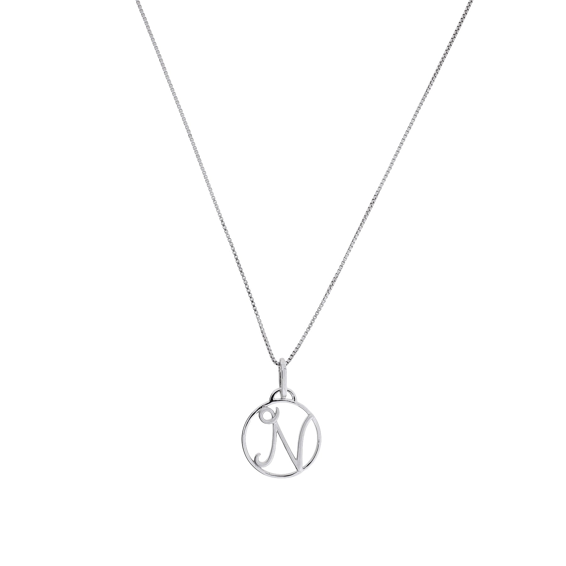 Sterling silver necklace featuring a circular pendant with an elegant initial letter design suspended from a fine chain, exemplifying minimalist British jewellery.