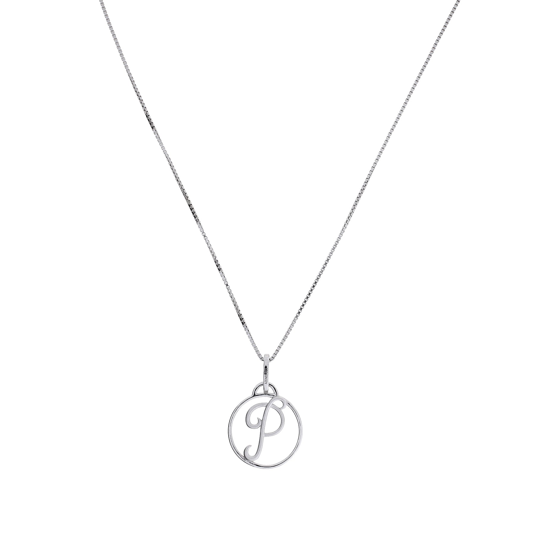 Sterling silver necklace with a polished circular pendant featuring a sculptural initial letter, suspended from a fine chain for a refined and personalized silver jewellery piece.