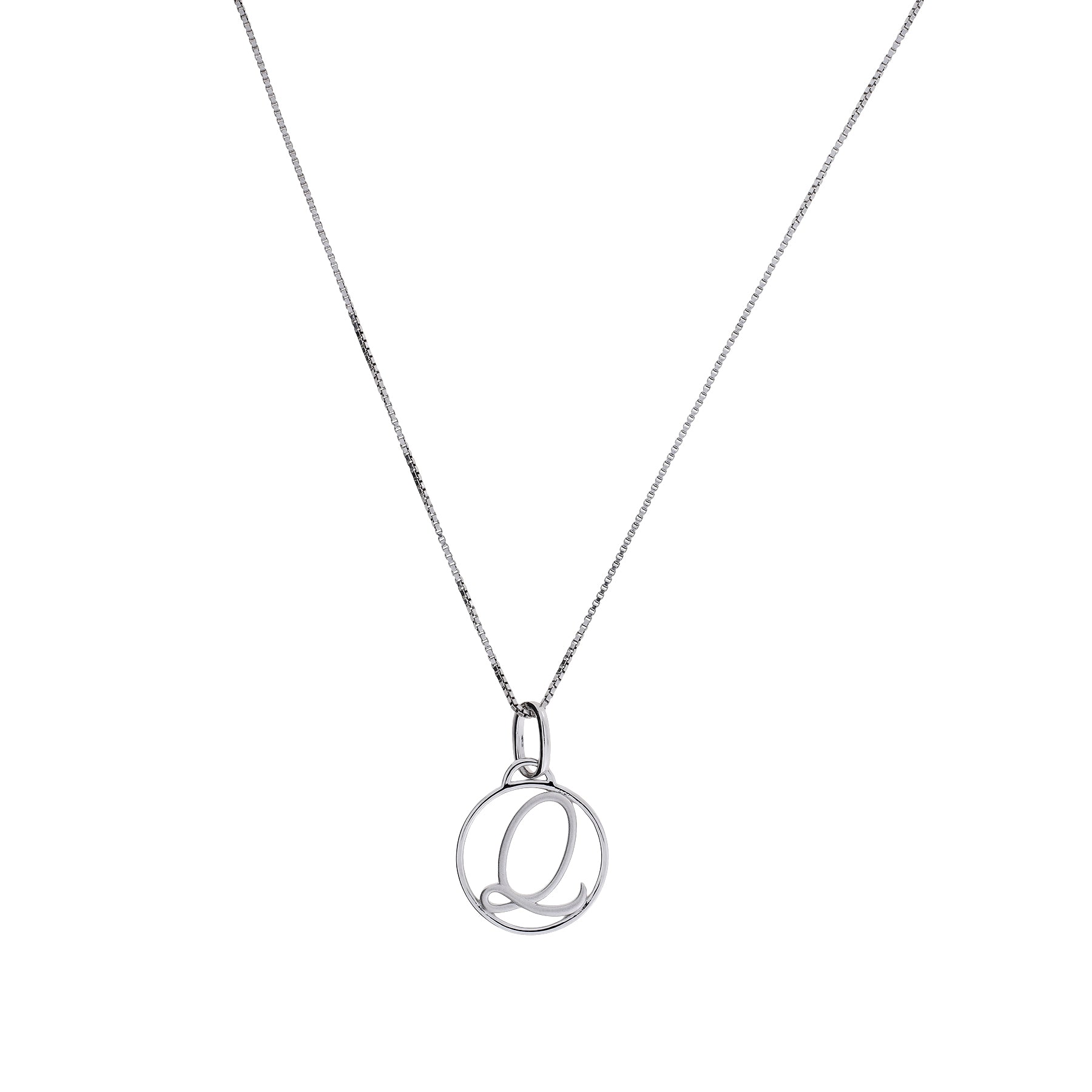 Sterling silver necklace featuring a sculptural circular pendant with an elegant initial letter design, suspended from a fine chain, embodying refined contemporary style.