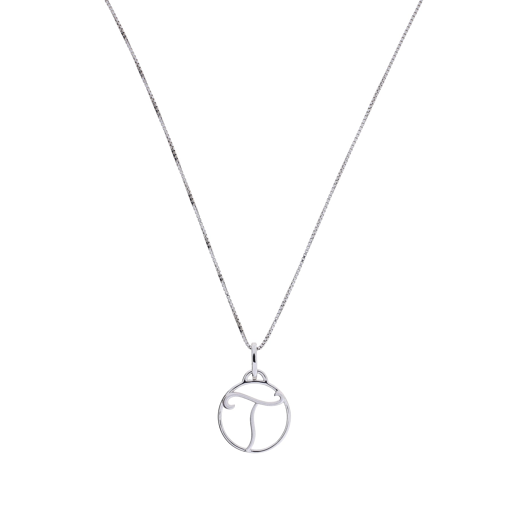Sterling silver necklace featuring a delicate pendant shaped as an elegant initial letter within a smooth circular frame, suspended from a fine box chain.