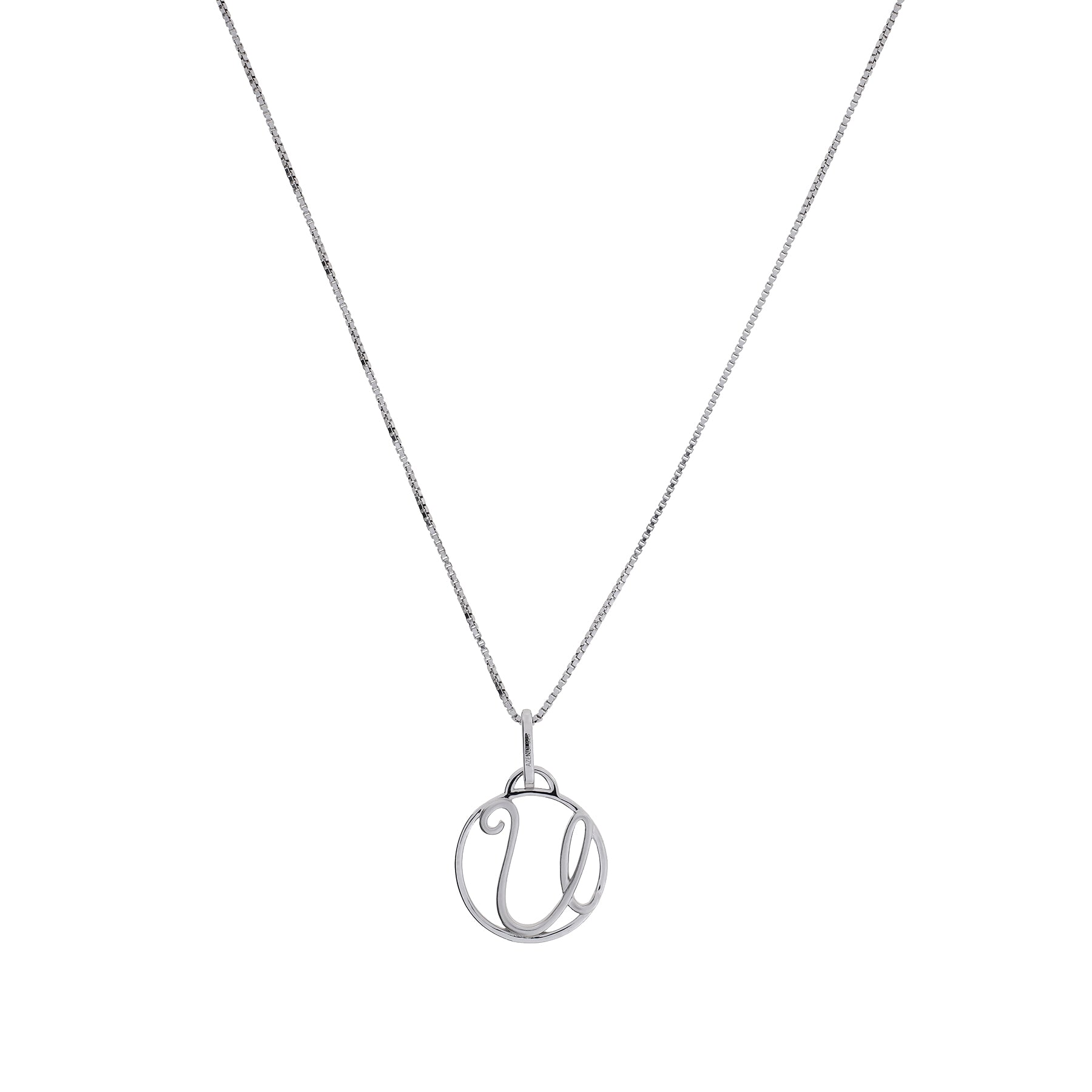 Sterling silver necklace featuring a sculptural initial letter pendant suspended from a fine, elegant chain, reflecting contemporary British design by Azendi.