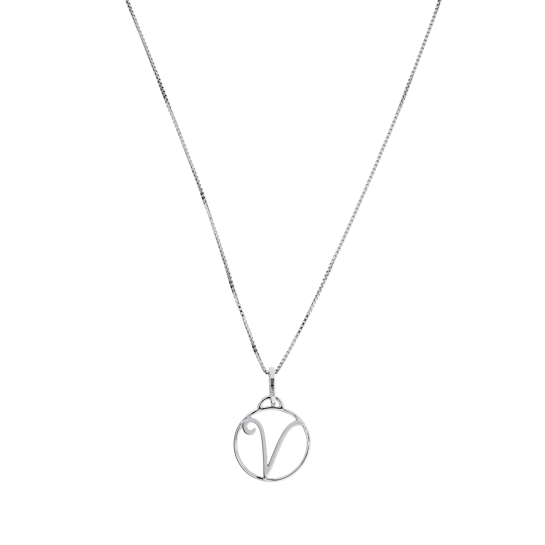 Sterling silver pendant necklace featuring a sculptural openwork initial letter V design suspended from a fine, polished chain.