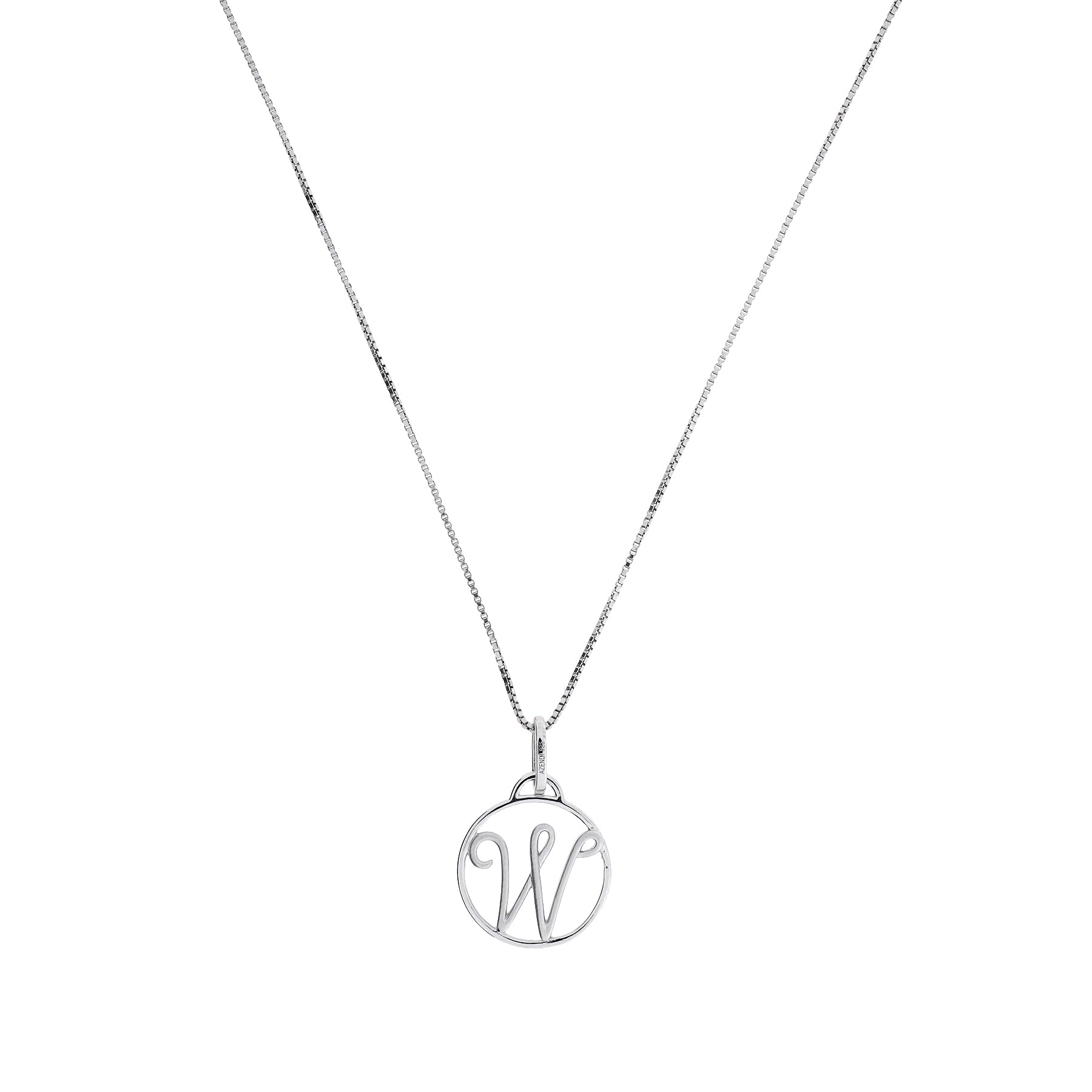 Sterling silver necklace featuring a finely crafted circular pendant with an elegant initial letter W at its center, suspended from a delicate box chain.