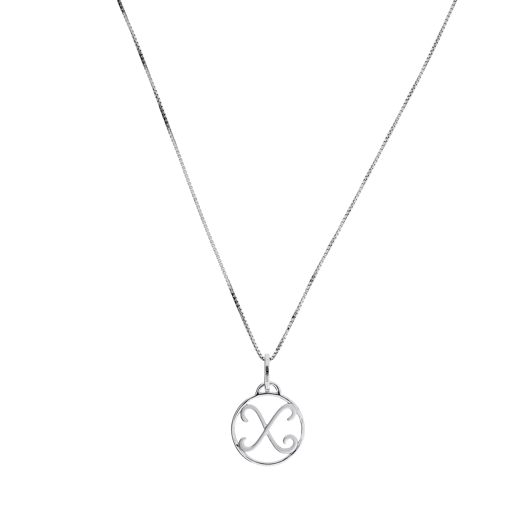 Sterling silver necklace featuring a finely crafted circular pendant with an elegant initial letter design suspended from a delicate fine chain.
