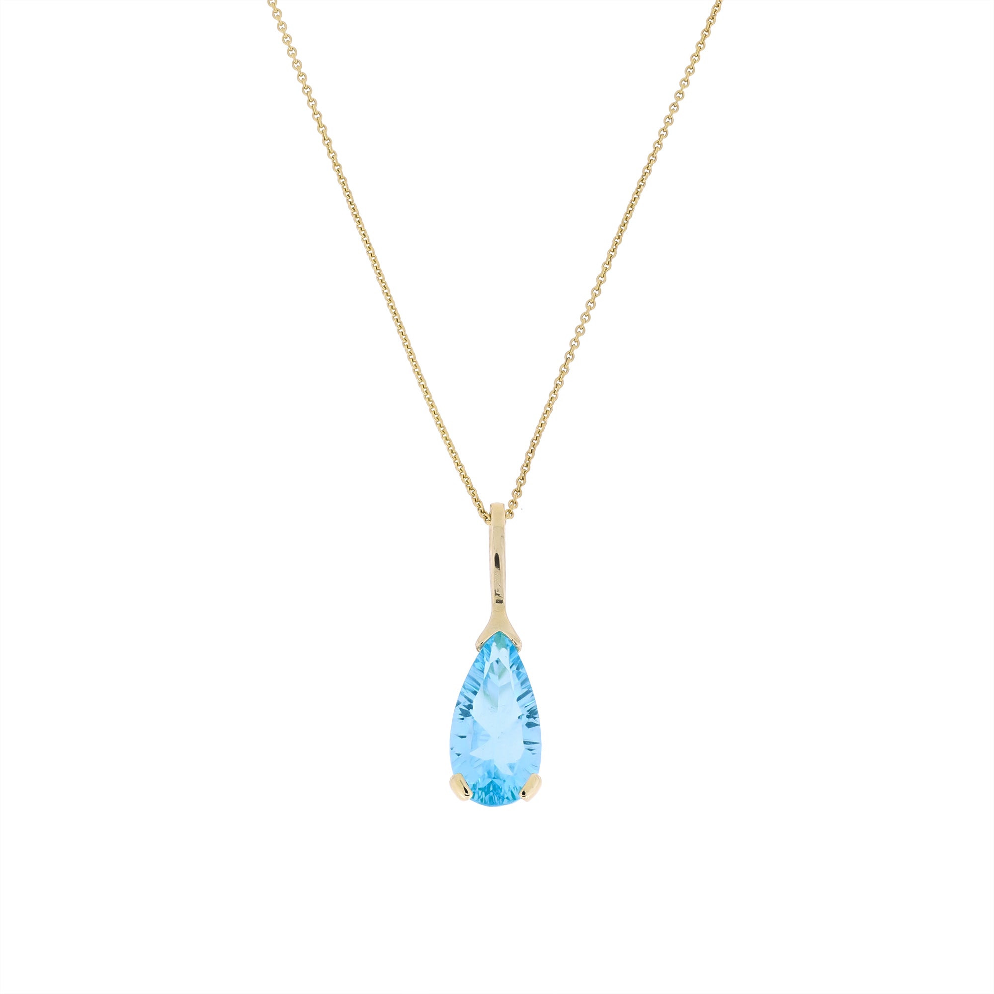 Elegant 9 carat gold necklace featuring a faceted blue topaz teardrop pendant suspended from a fine chain, showcasing a refined and contemporary design.