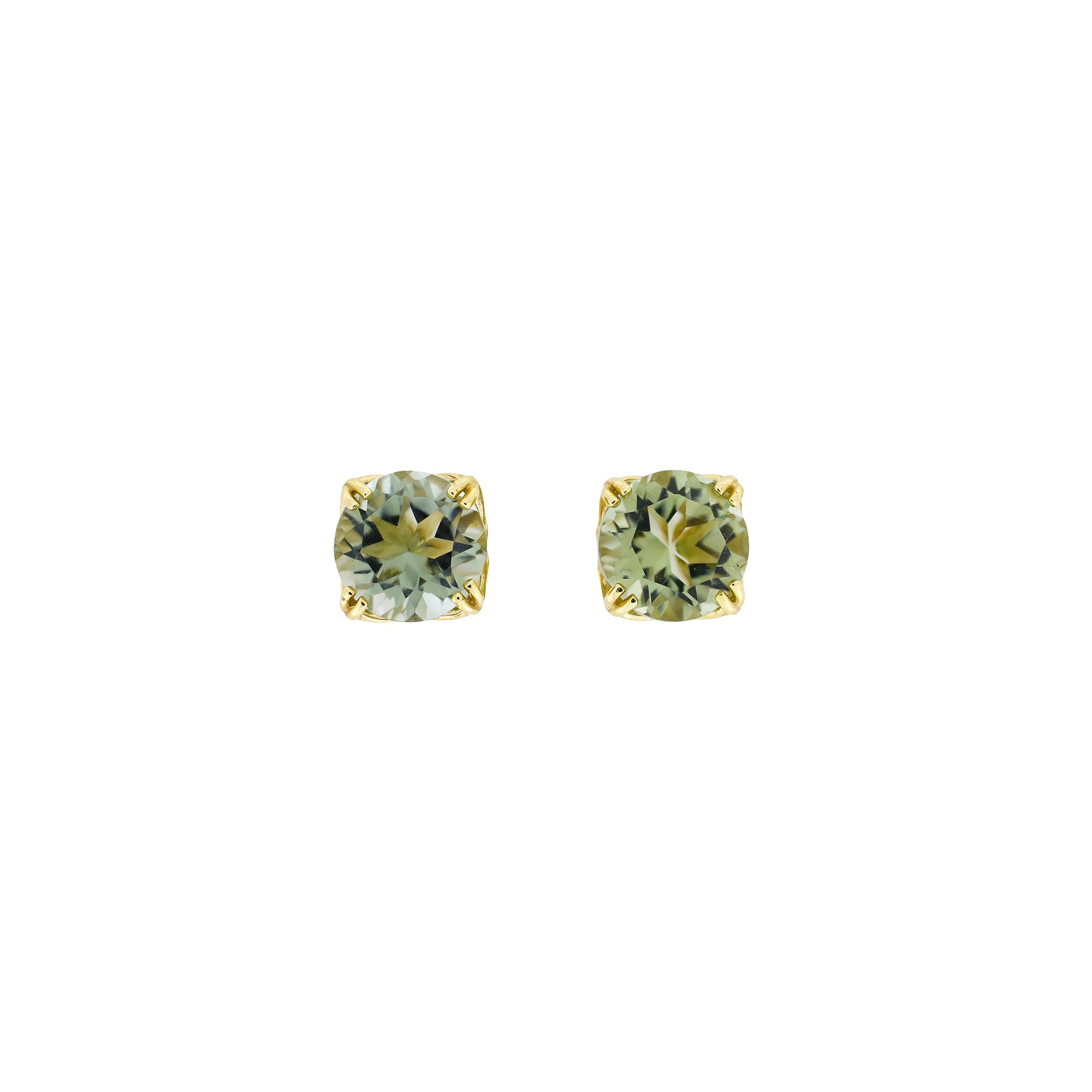 Pair of 9 carat gold earrings featuring round-cut green amethyst gemstones in a classic solitaire setting, offering a refined and elegant look.