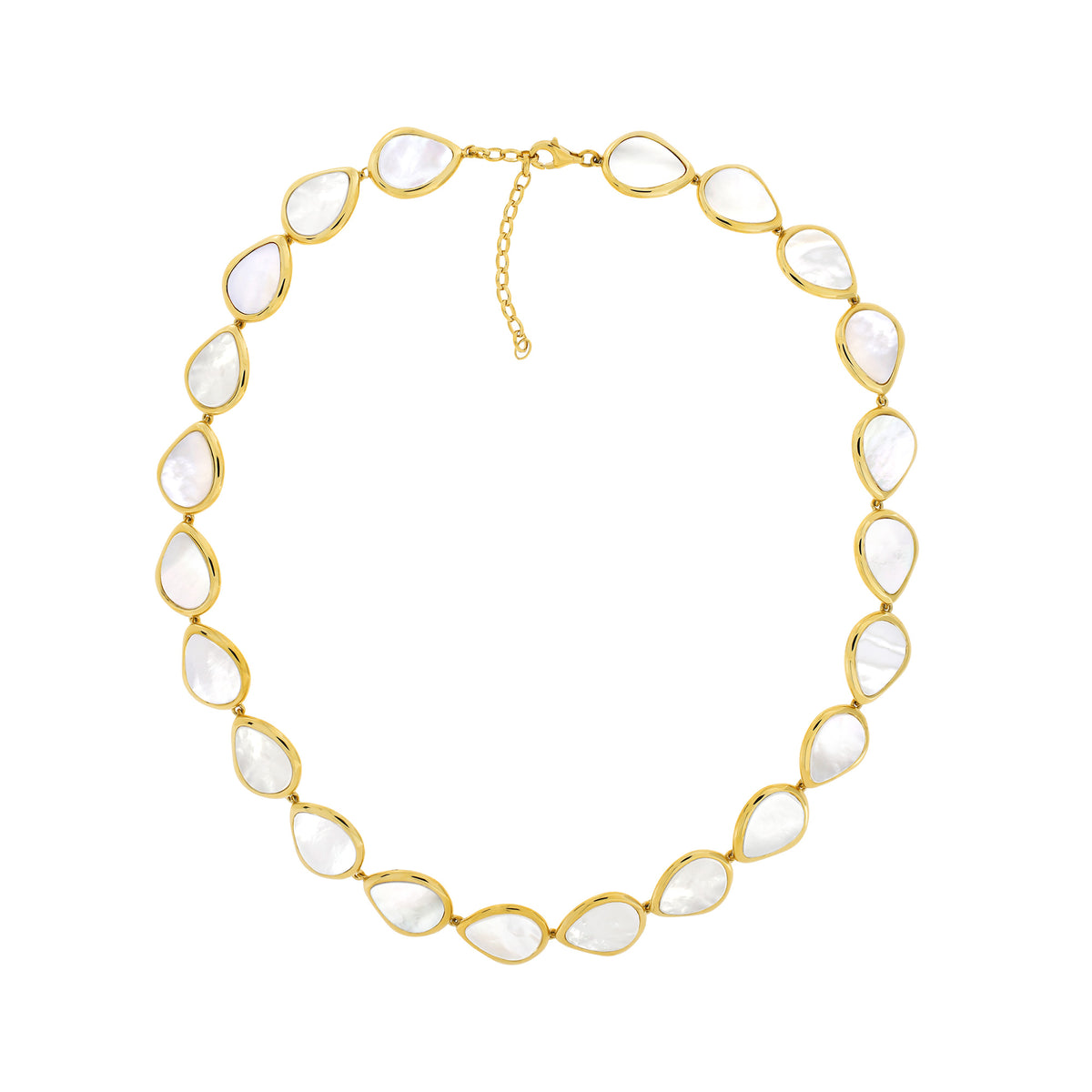 Necklace composed of linked gold vermeil teardrop-shaped frames each set with a luminous mother of pearl insert, featuring an adjustable chain clasp for length customization.